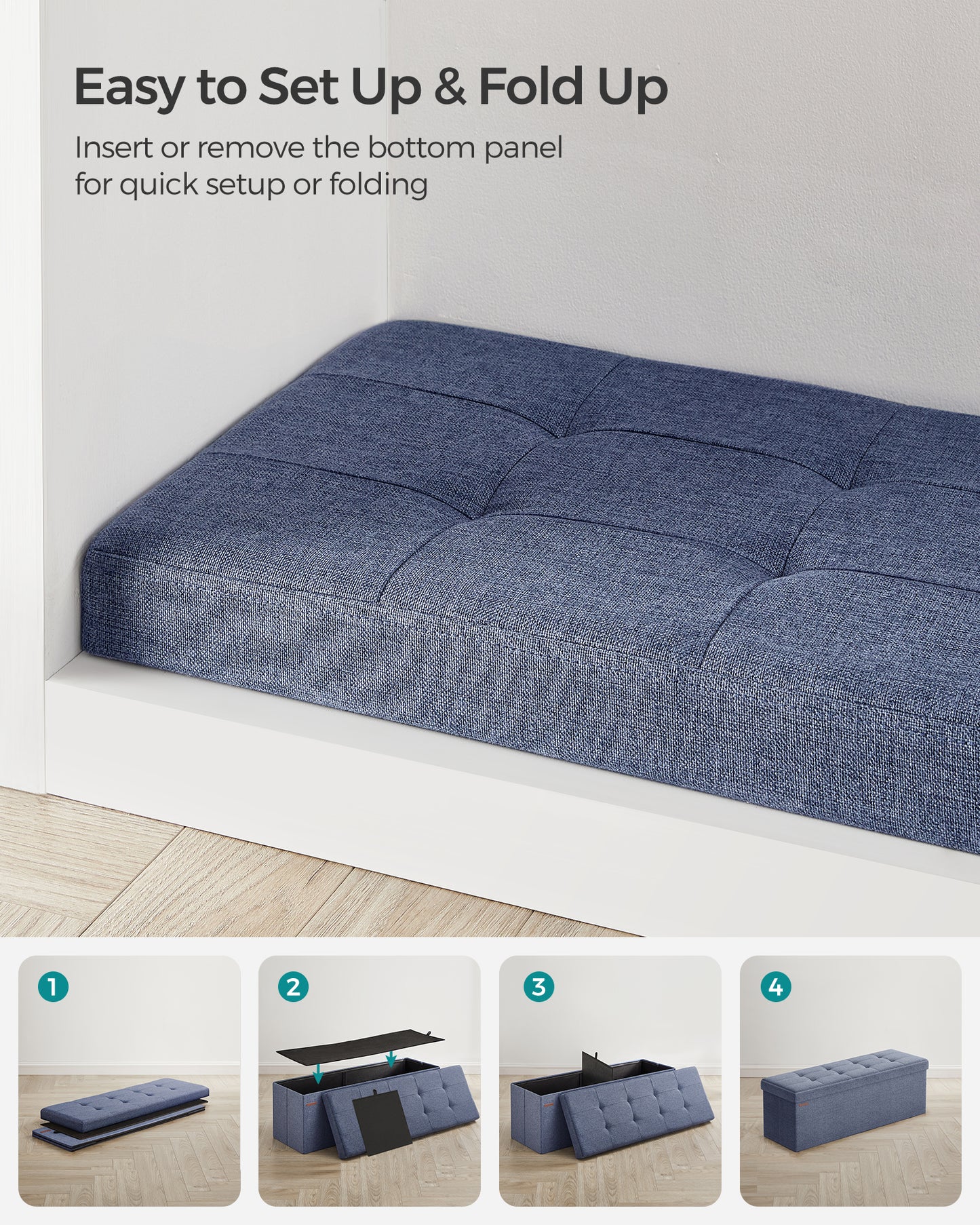 SONGMICS Storage Ottoman Bench Ottoman with Storage Footstool Hold up to 660 lb for Bedroom Living Room 43" Light Denim Blue