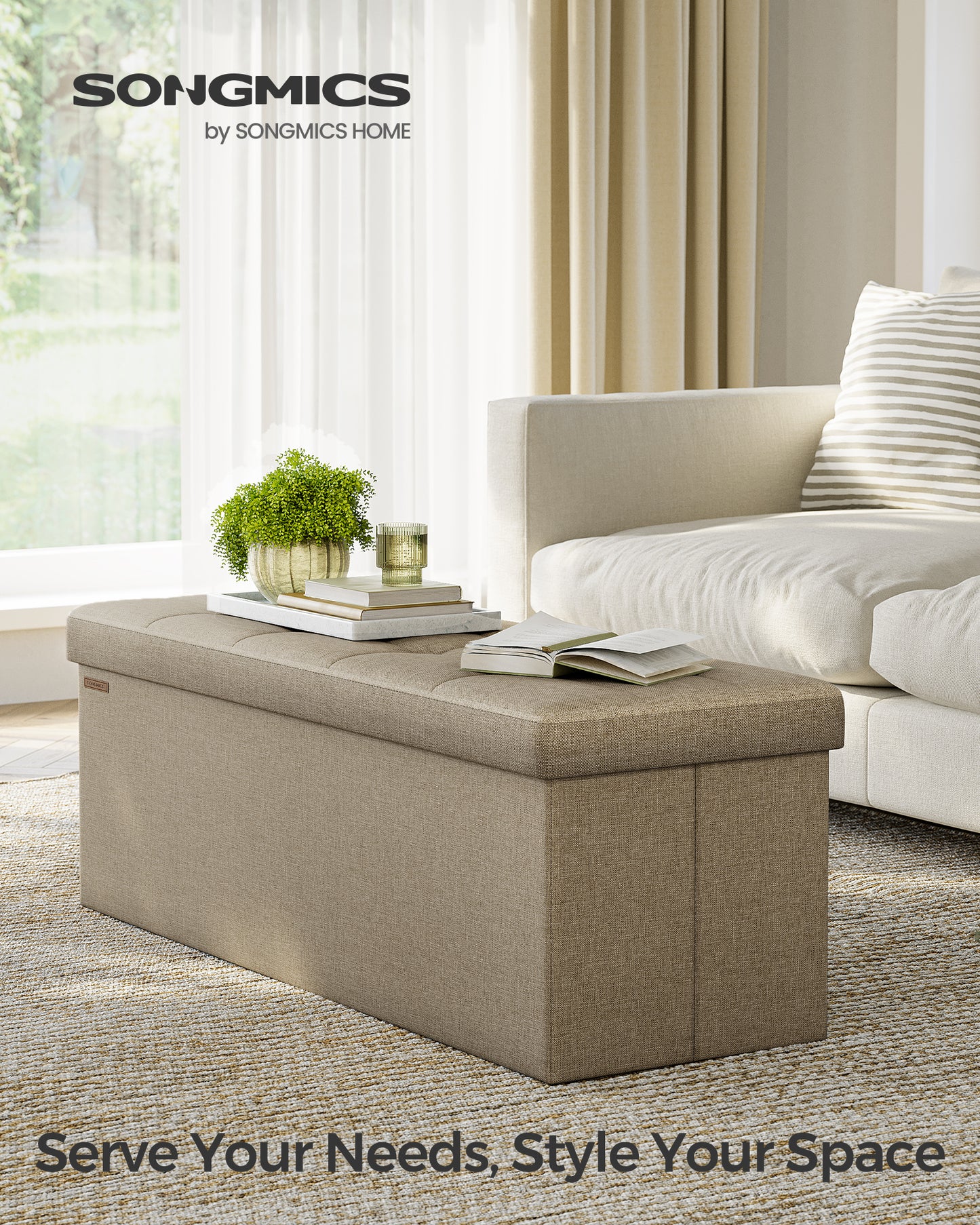 SONGMICS Storage Ottoman Bench, 15 x 43 x 15 Inches, Ottoman with Storage, End of Bed Bench, for Living Room, Bedroom, Camel Brown