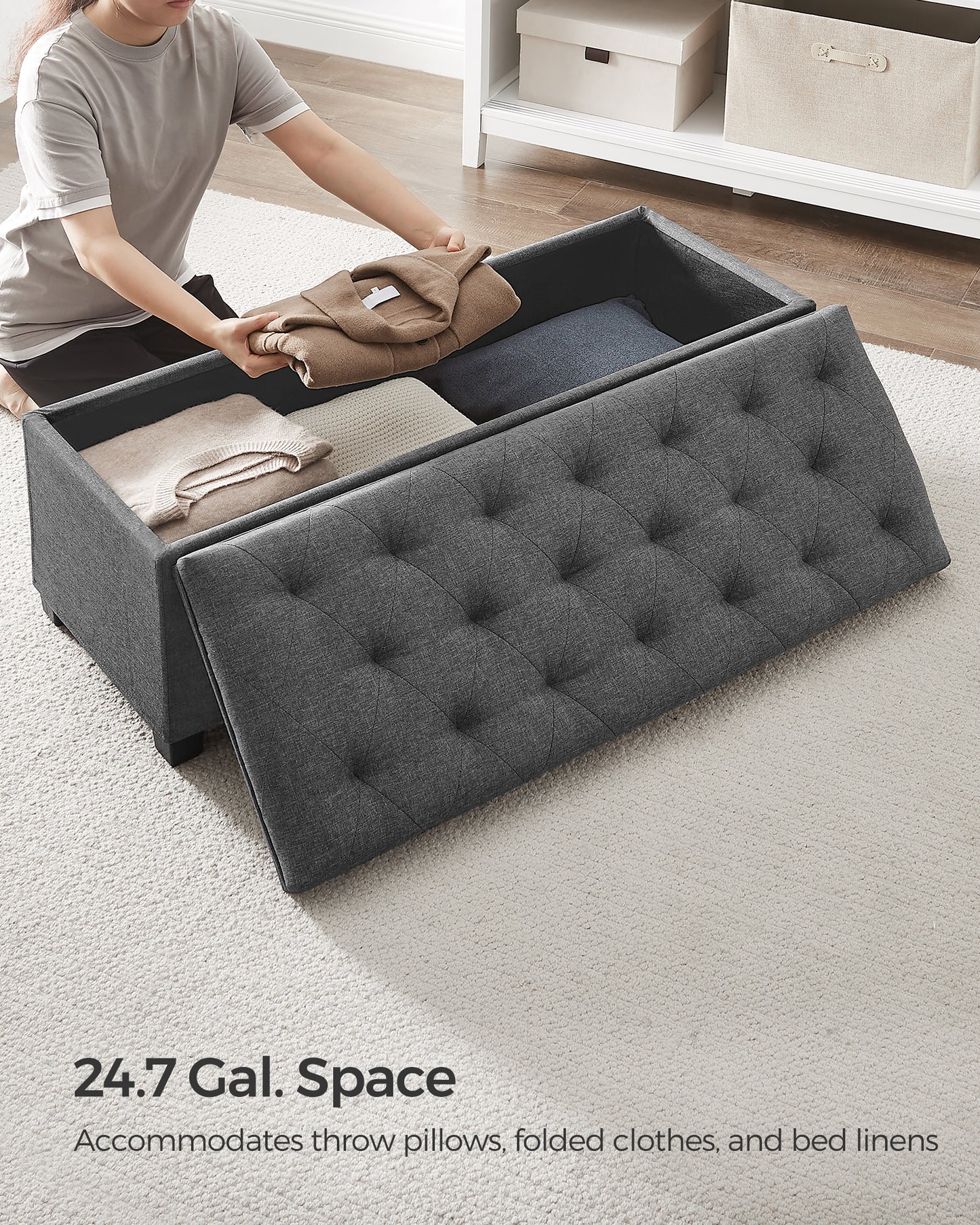 SONGMICS 15.7 x 43.3 x 15.7 Inches Storage Ottoman Bench Hold up to 660lbs Bedroom Ottoman Bench Dark Gray