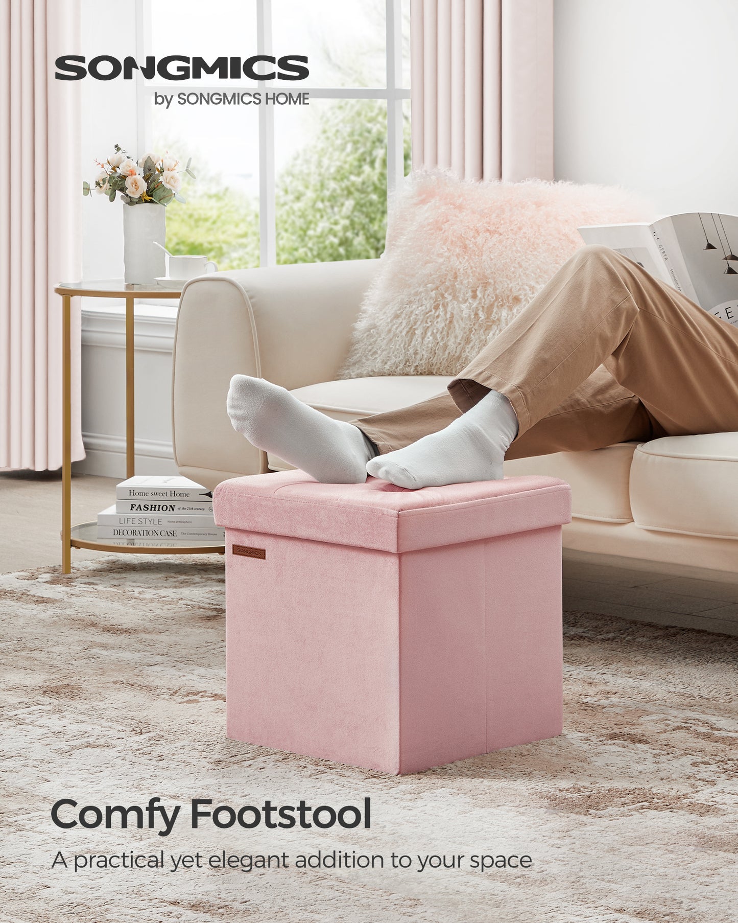 SONGMICS Small Storage Ottoman Foot Rest, 15 x 15 x 15 Inches, 660 lb Load Capacity, for Living Room, Bedroom, Dorm, Jelly Pink