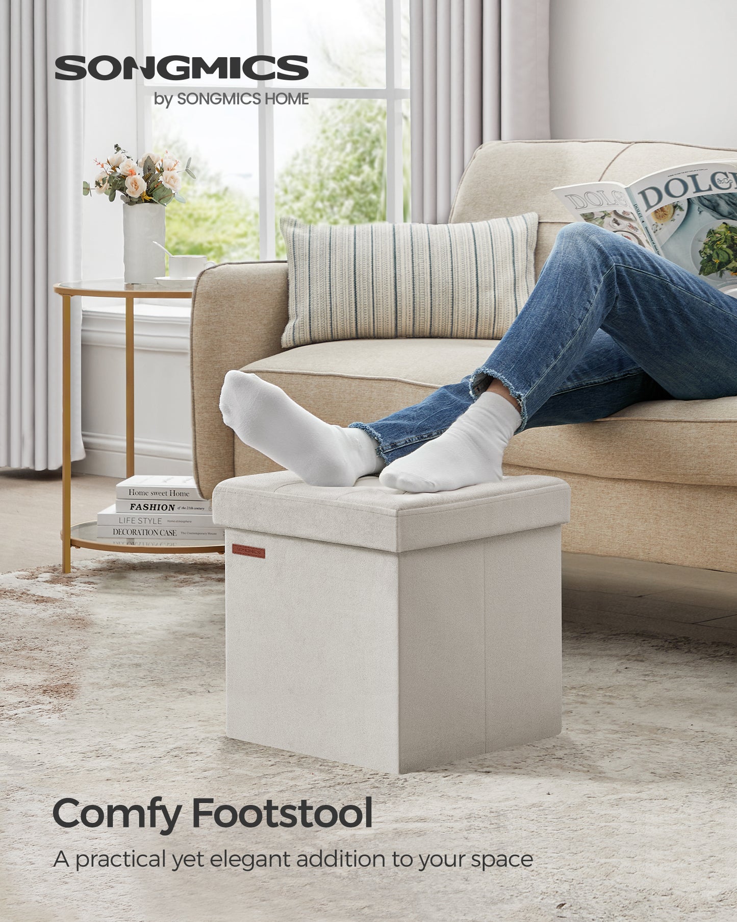SONGMICS Small Storage Ottoman,Storage Chest, Foot Rest, 15 x 15 x 15 Inches, 660 lb Load Capacity Cream White