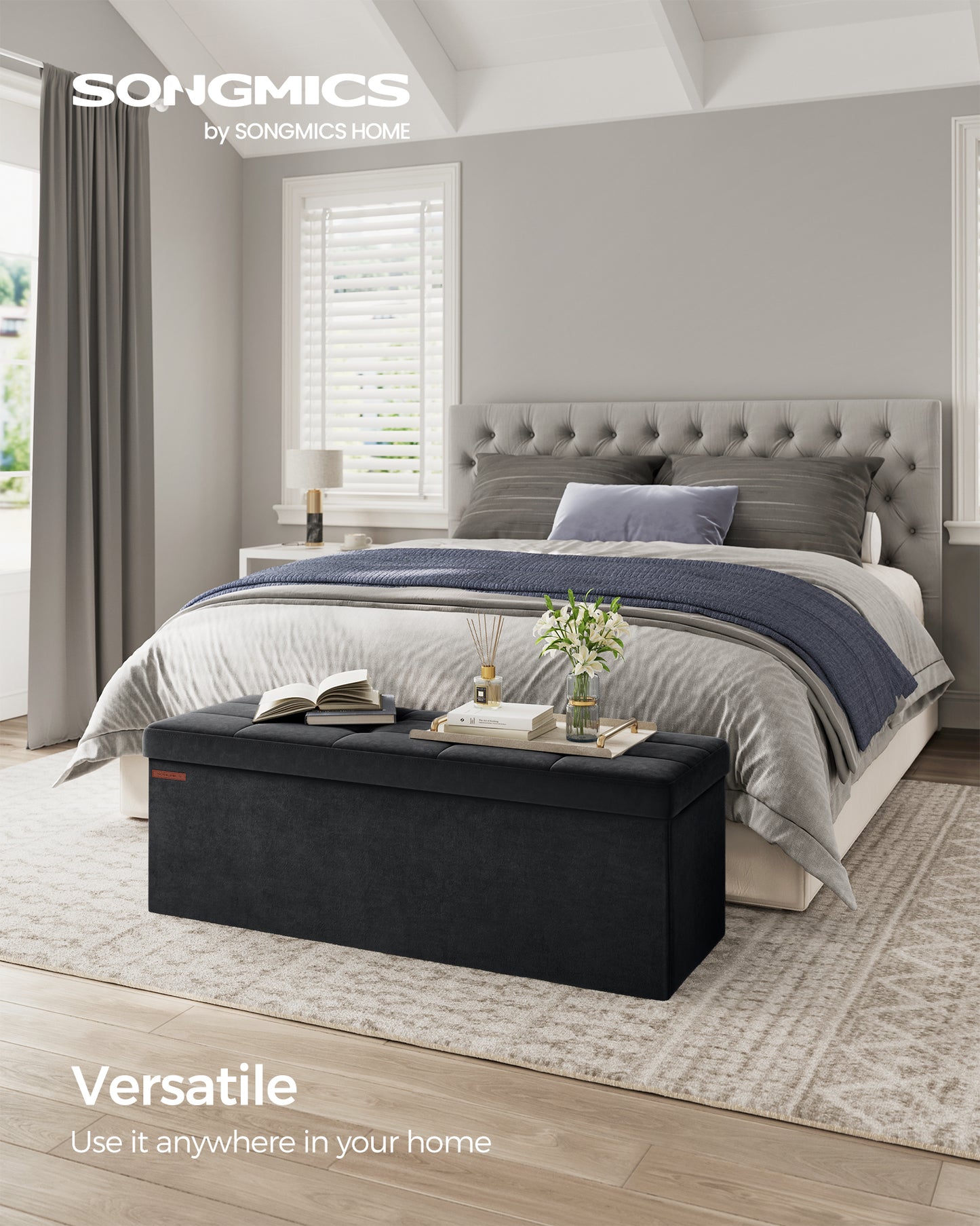 SONGMICS 43" Storage Ottoman Bench, Ottoman with Storage, End of Bed Bench, Foldable Ottoman Foot Rest, Storage Chest, 660 lb Capacity