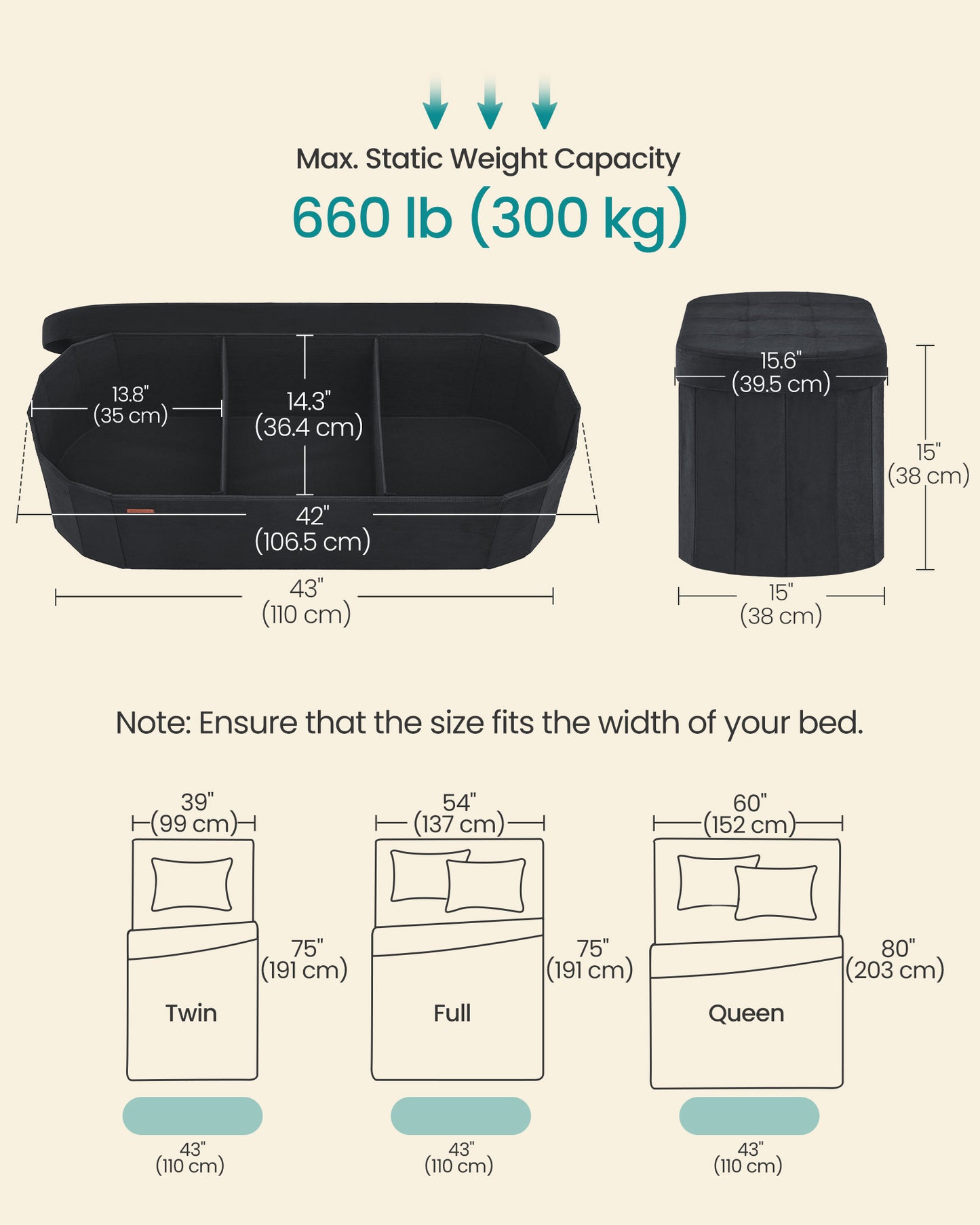 SONGMICS MAZIE Collection - Folding Ottoman with Storage, Oval Storage Ottoman Bench, End of Bed Bench, Velvet Fabric, 15 x 43 x 15 Inches, Ink Black