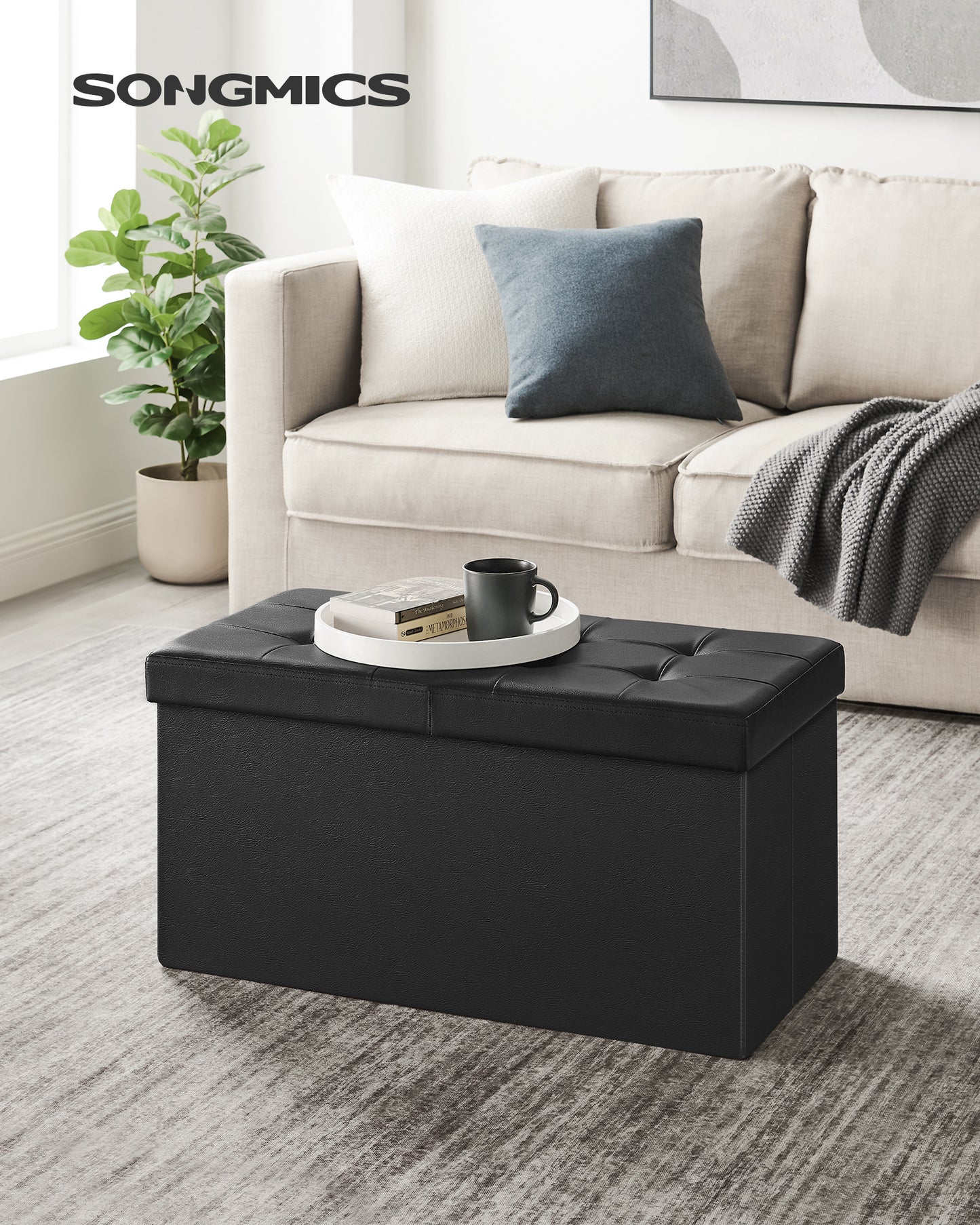 SONGMICS Folding Storage Ottoman, Storage Bench, Footrest Stool, 15 x 30 x 15 Inches, for Entryway, Living Room, Bedroom, Black