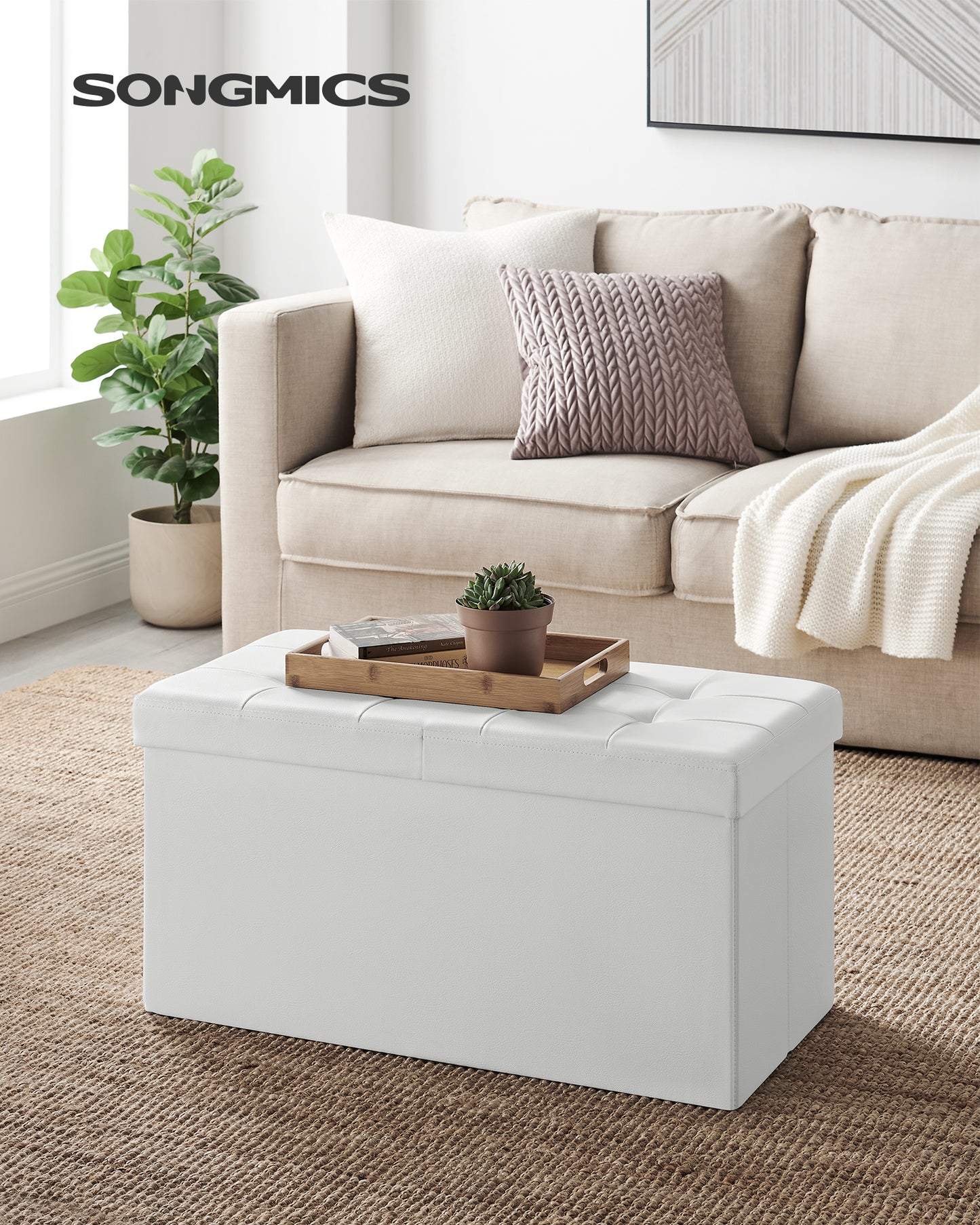 SONGMICS Folding Storage Ottoman, Storage Bench, Footrest Stool, 15 x 30 x 15 Inches, for Entryway, Living Room, Bedroom, White