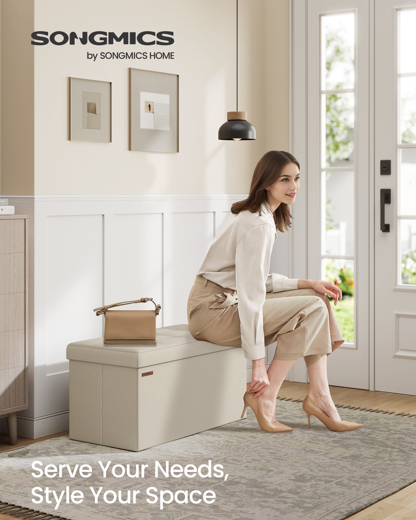 SONGMICS 30" Storage Ottoman Bench Ottoman with Storage Footstool Hold up to 660 lb for Bedroom Living Room Beige