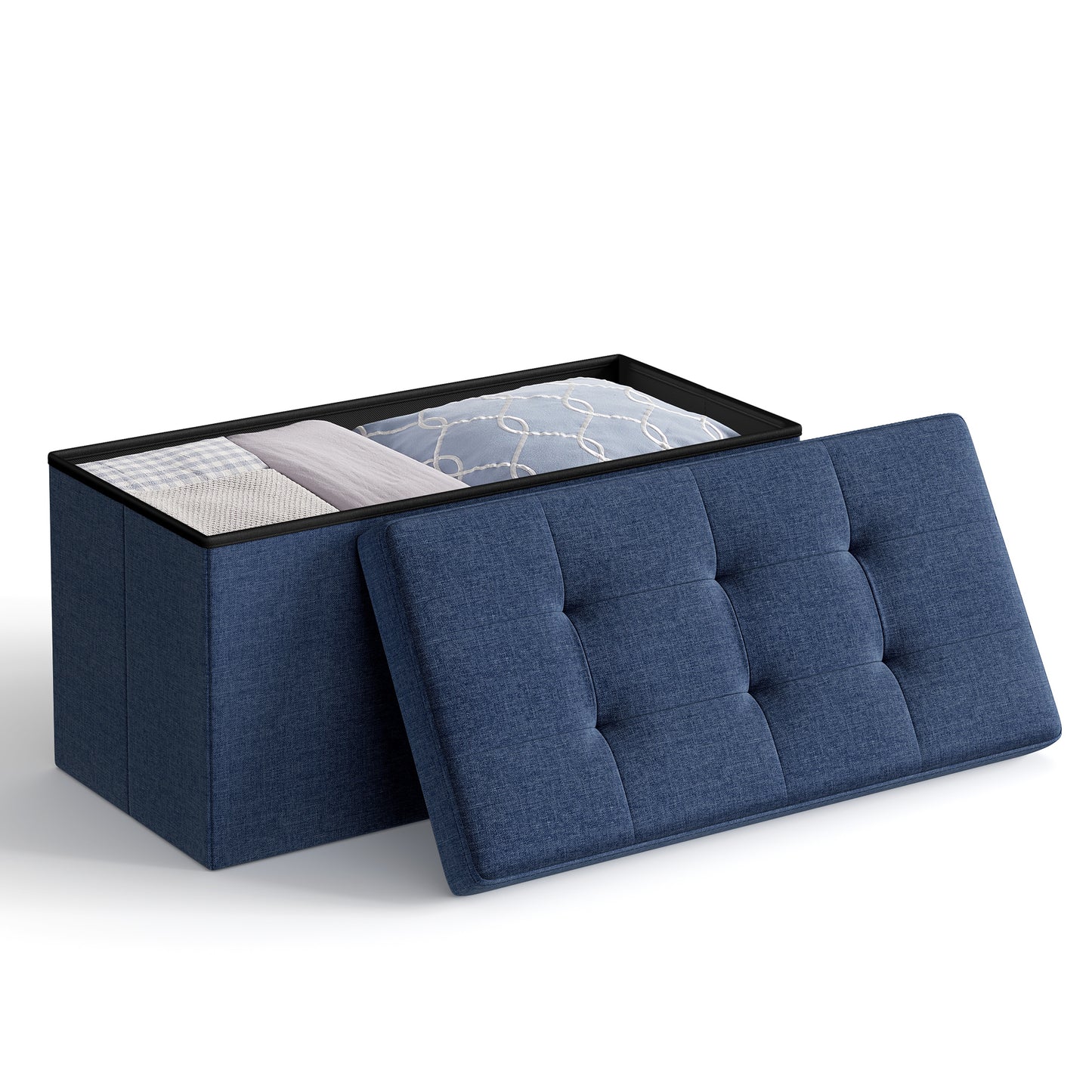 30 Inches Folding Storage Ottoman Bench, Ottoman Foot Rest, End of Bed Bench, Storage Chest, Load 660 lb, for Living Room, Bedroom, Entryway, Midnight Blue