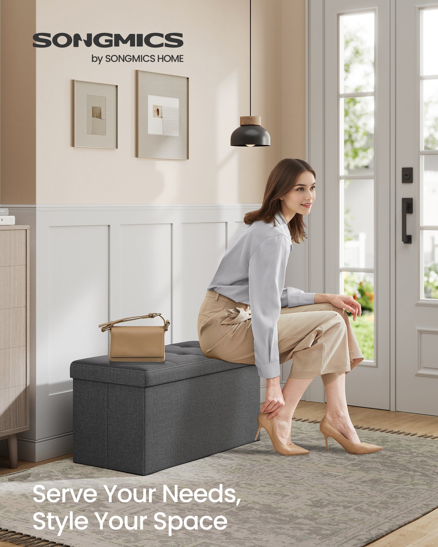 SONGMICS 30" Storage Ottoman Bench Ottoman with Storage Footstool Hold up to 660 lb for Bedroom Living Room Dark Gray