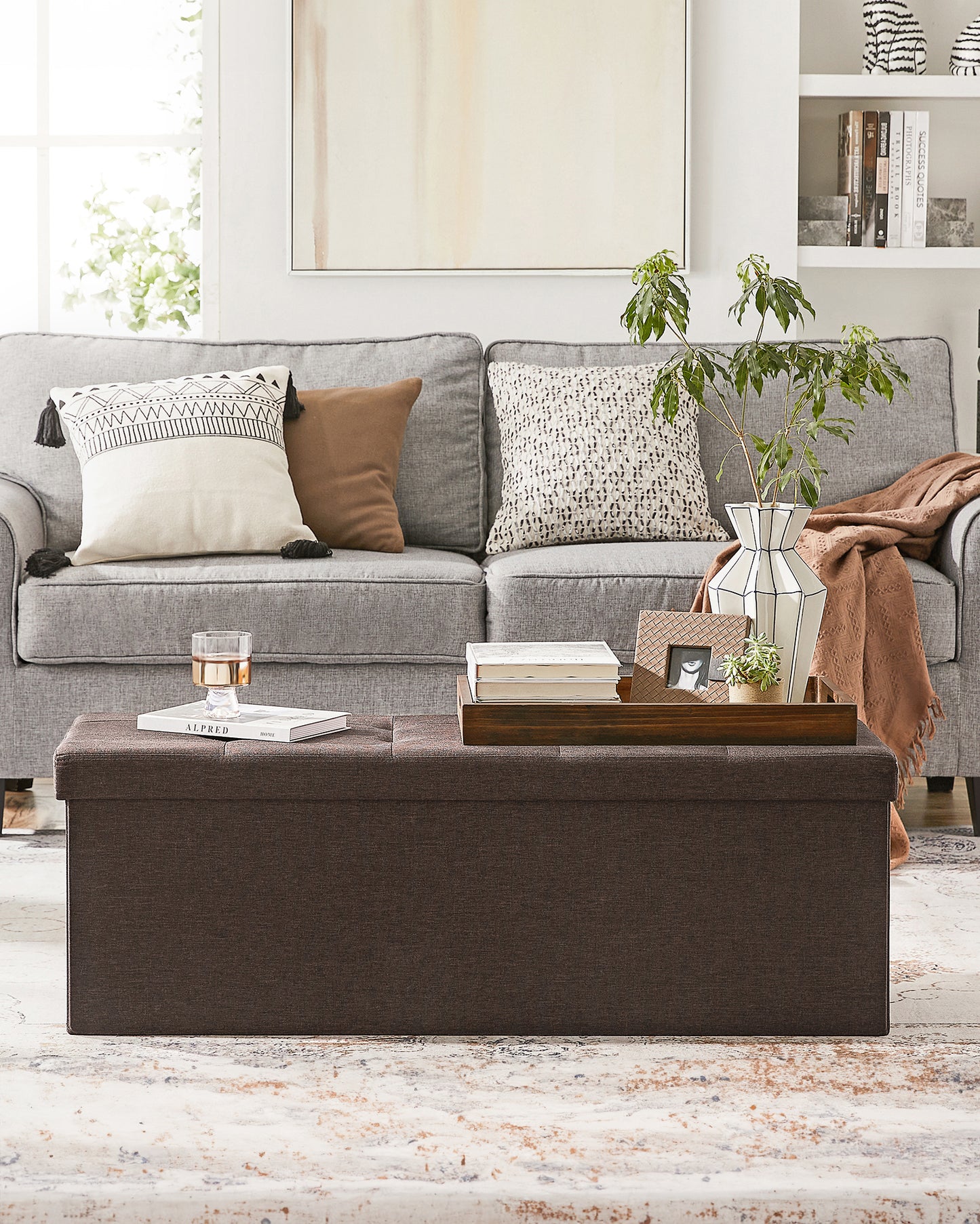SONGMICS Storage Ottoman Bench, 15 x 43 x 15 Inches, Ottoman with Storage, End of Bed Bench, for Living Room, Bedroom, Chestnut Brown