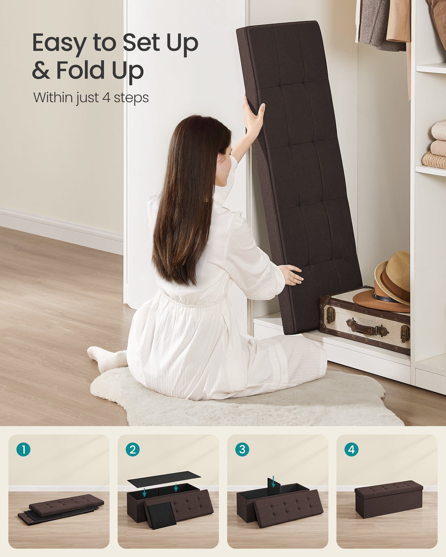 SONGMICS 43" Storage Ottoman Bench Hold up to 660lb Ottoman with Storage Brown