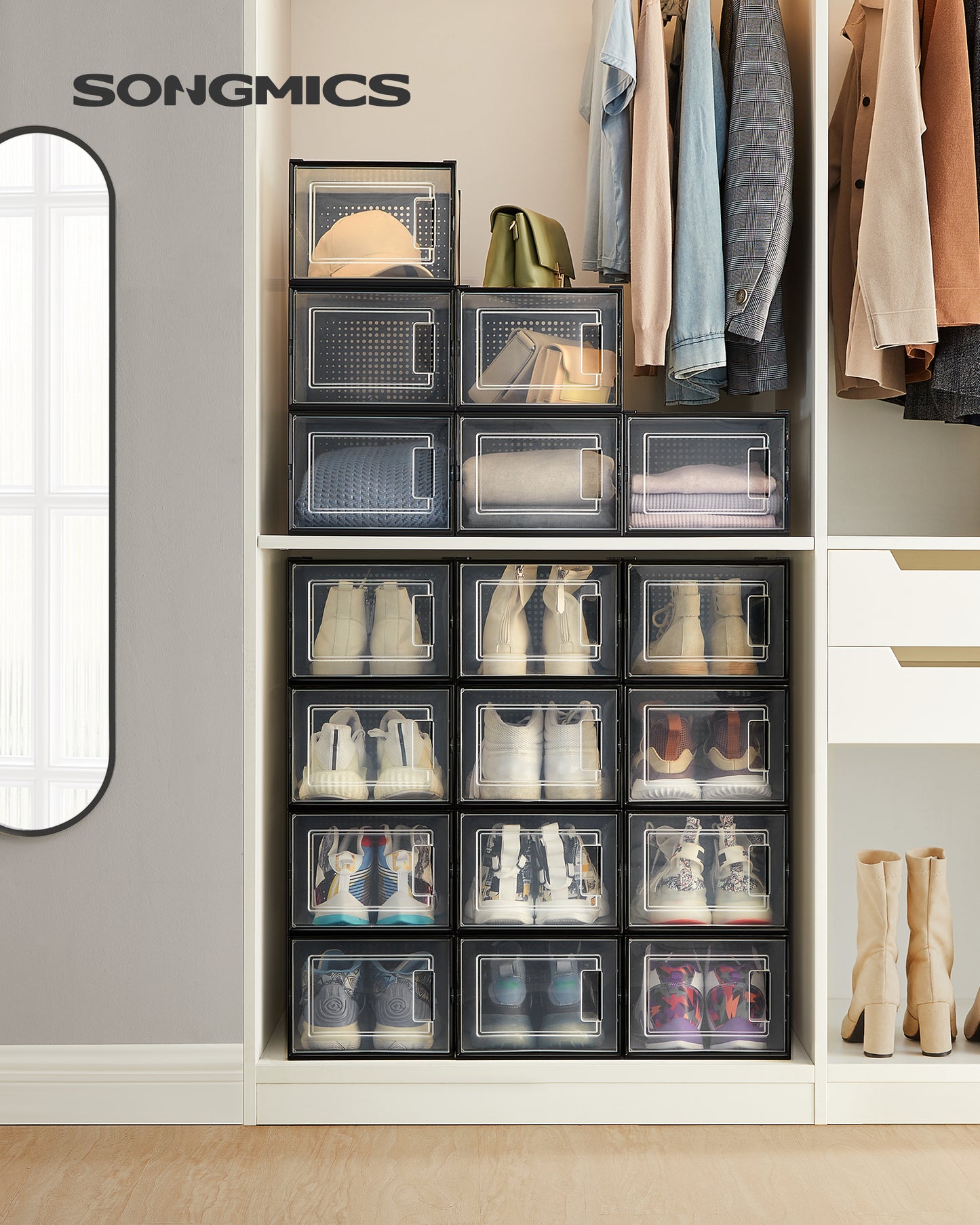 SONGMICS Pack of 18 Stackable Shoe Storage Organizers, Transparent and Black
