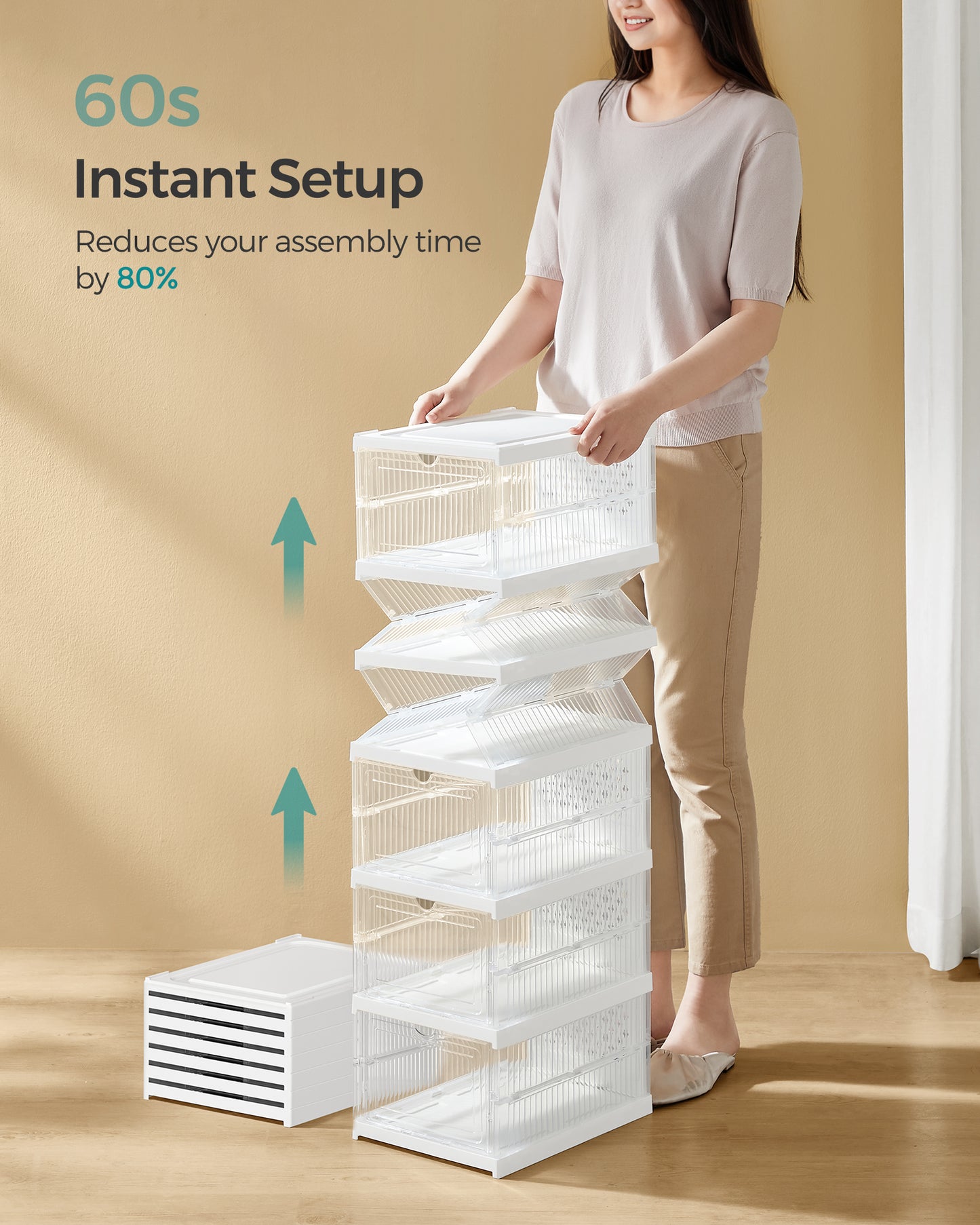 Foldable Shoe Boxes, Pack of 6 Stackable Shoe Storage Organizer, Integrated Shoe Cabinet, Portable, Fit up to US size 13, 60s Assembly, Transparent and Cloud White