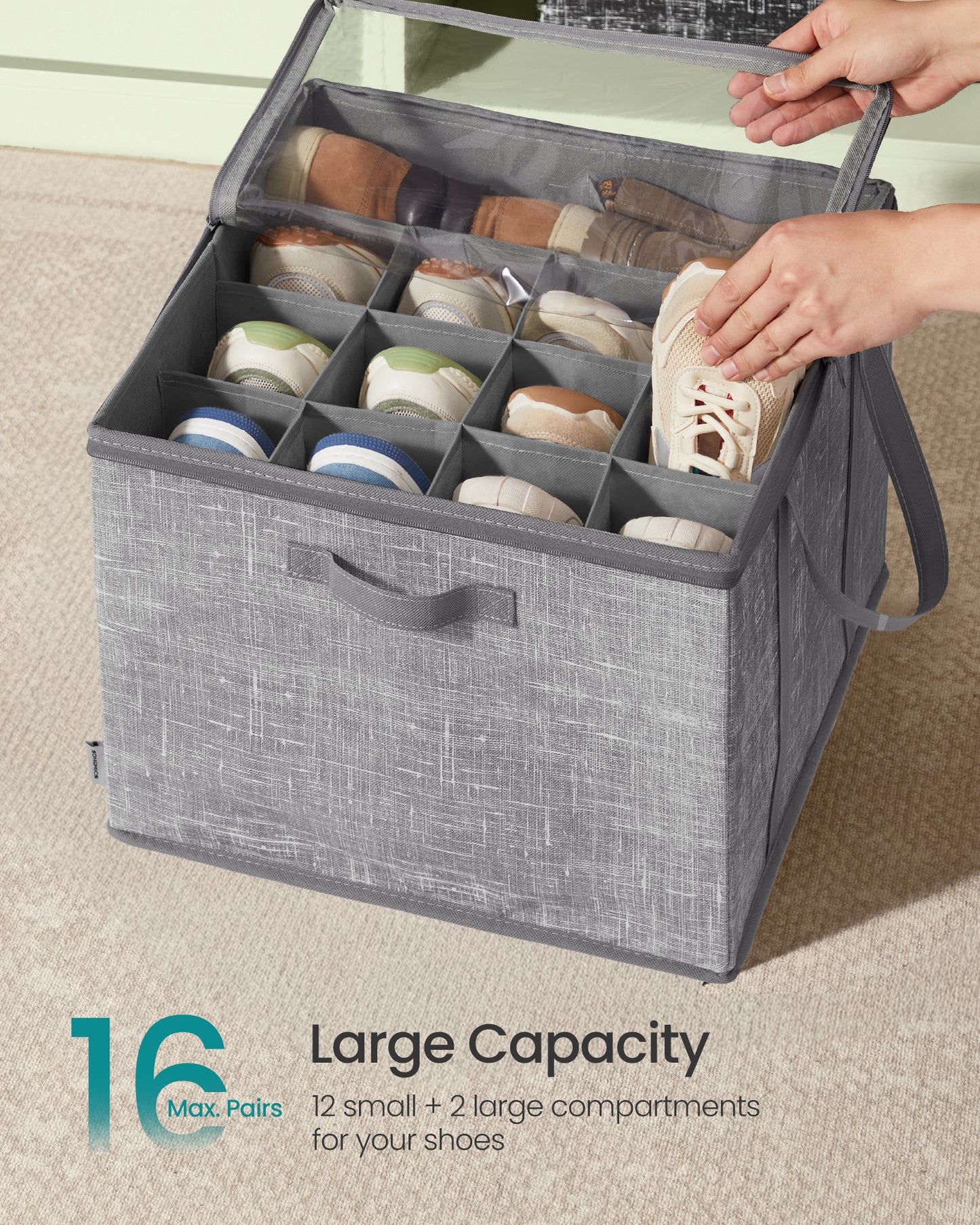 Set of 2 Shoe Organizers for Closet, Fits 16 Pairs Each, Shoe Storage Bins, Fabric Containers with Handles and Clear Cover, for Bedroom, Entryway, Closet, Cattail Gray