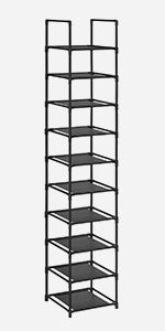 SONGMICS Shoe Rack, 10 Tier Shoe Shelf, Shoe Storage Organizer, Space-Saving, 13 x 13 x 68.1 Inches, Metal Frame, Non-Woven Fabric Shelves, for Entryway, Bedroom, Black ULSR110B02