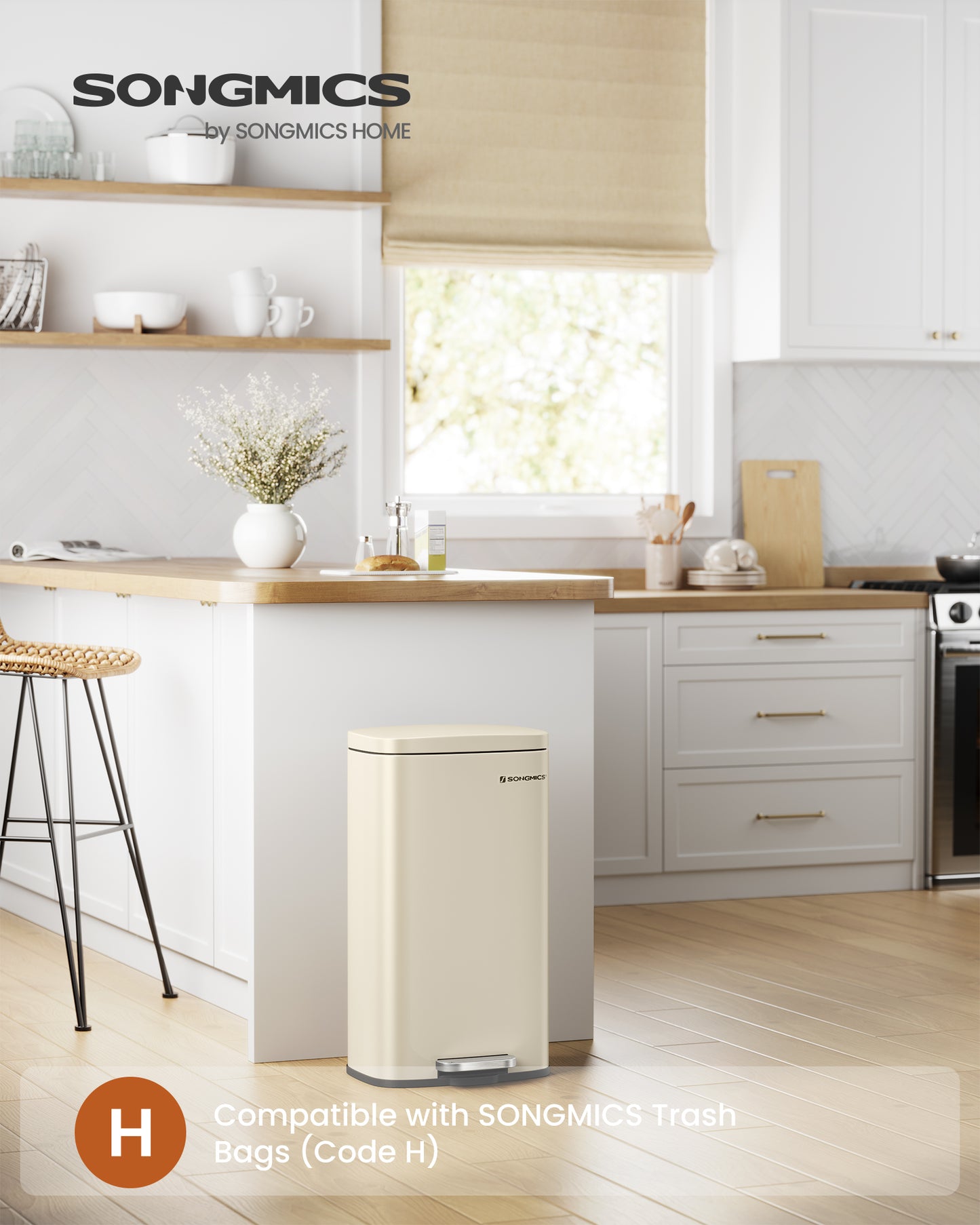 Sand Beige 8 - Gallon Stainless Steel Trash Can. Features a step pedal, inner bucket, and soft - close lid. Ideal small waste bin for the kitchen.