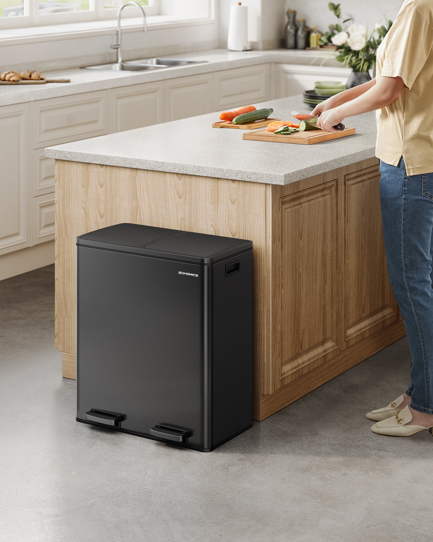 Dual Rubbish Bin, 2 x 30L Recycling Bin with 15 Rubbish Bags, 2-Compartment Metal Pedal Bin with Lids and Plastic Inner Buckets, Soft Closure, Black