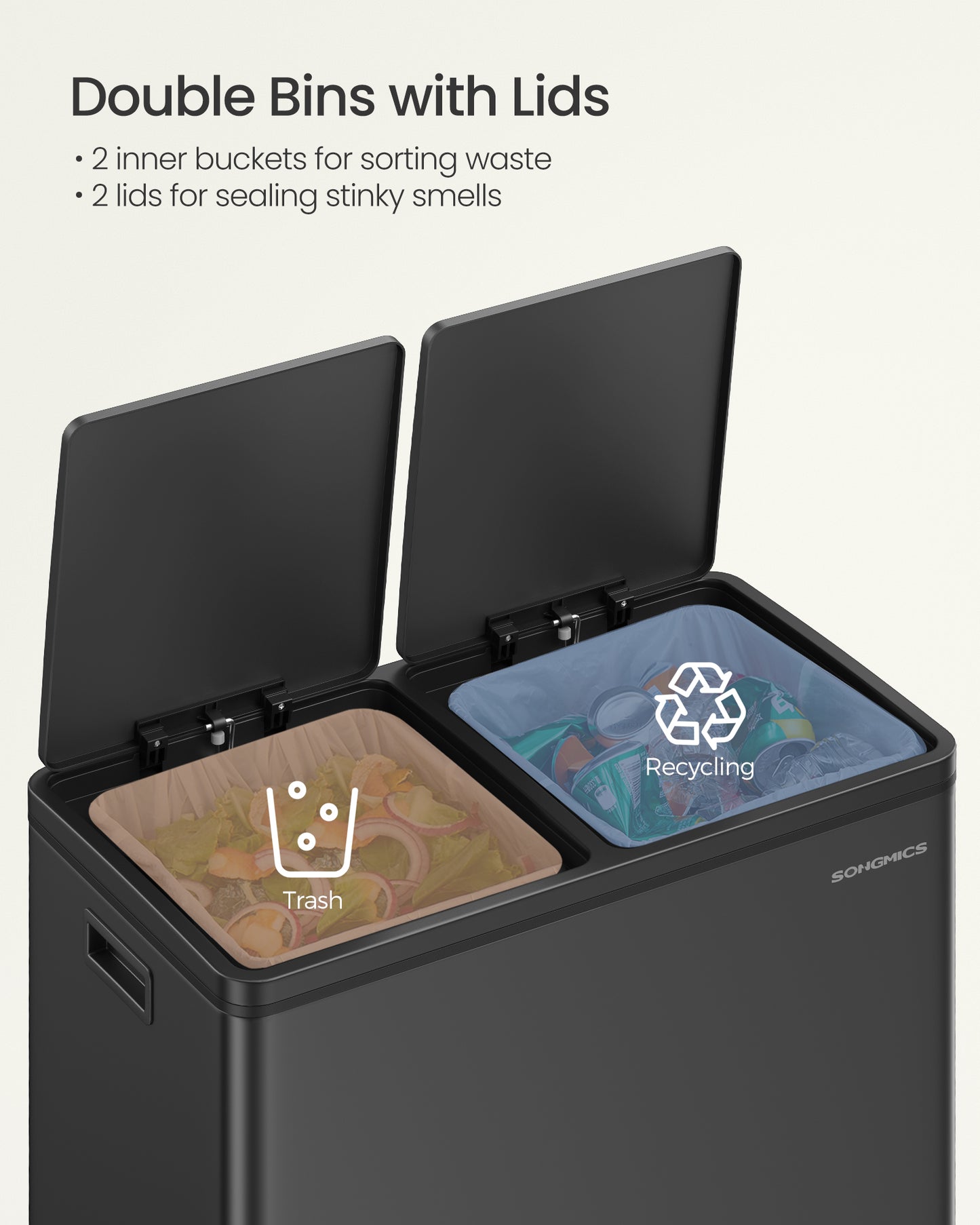 Dual Rubbish Bin, 2 x 30L Recycling Bin with 15 Rubbish Bags, 2-Compartment Metal Pedal Bin with Lids and Plastic Inner Buckets, Soft Closure, Black