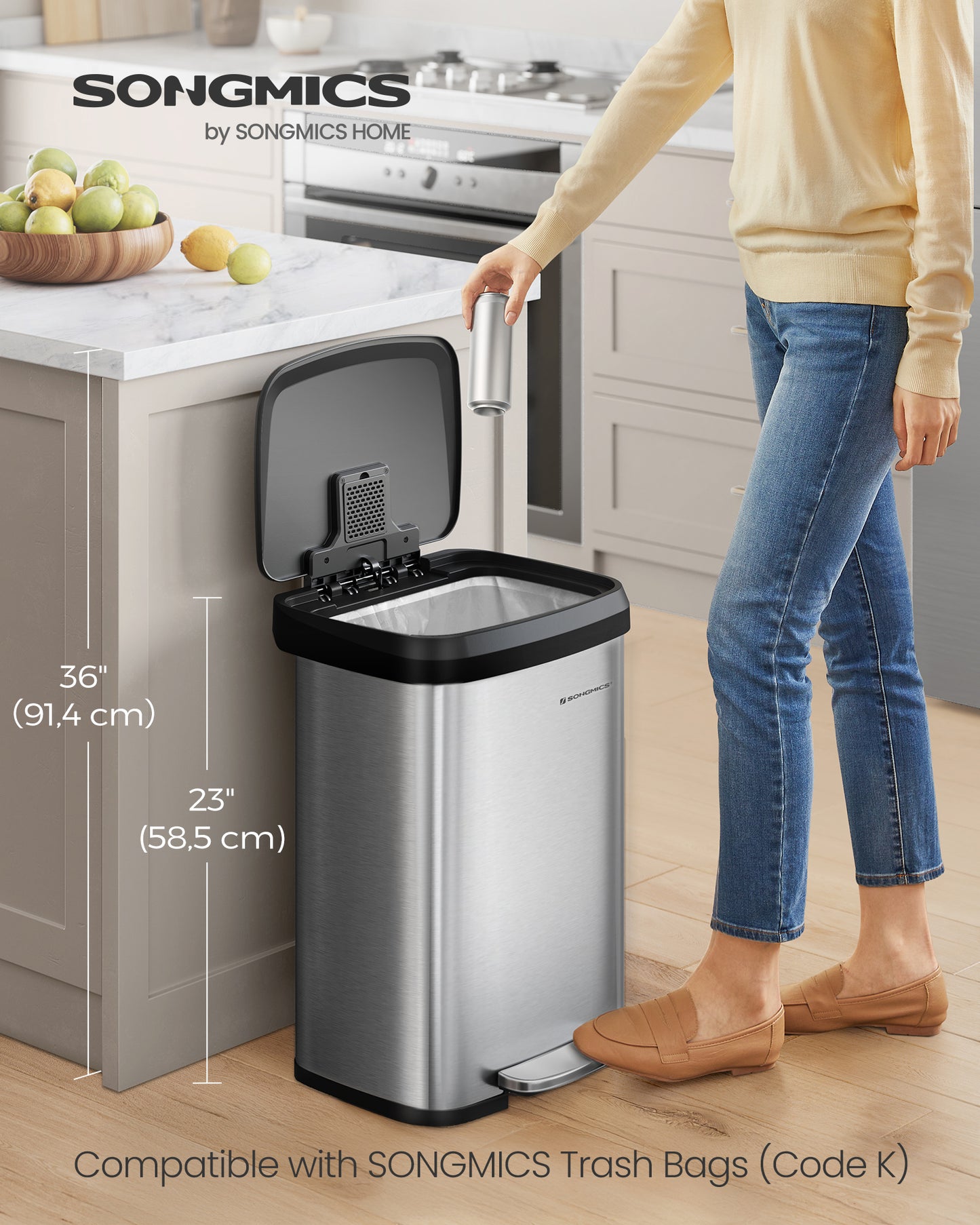 13 Gallon Kitchen Trash Can Stainless Steel Garbage Can Recycle Bin with Stay-Open Lid and Step-on Pedal Silver and Black