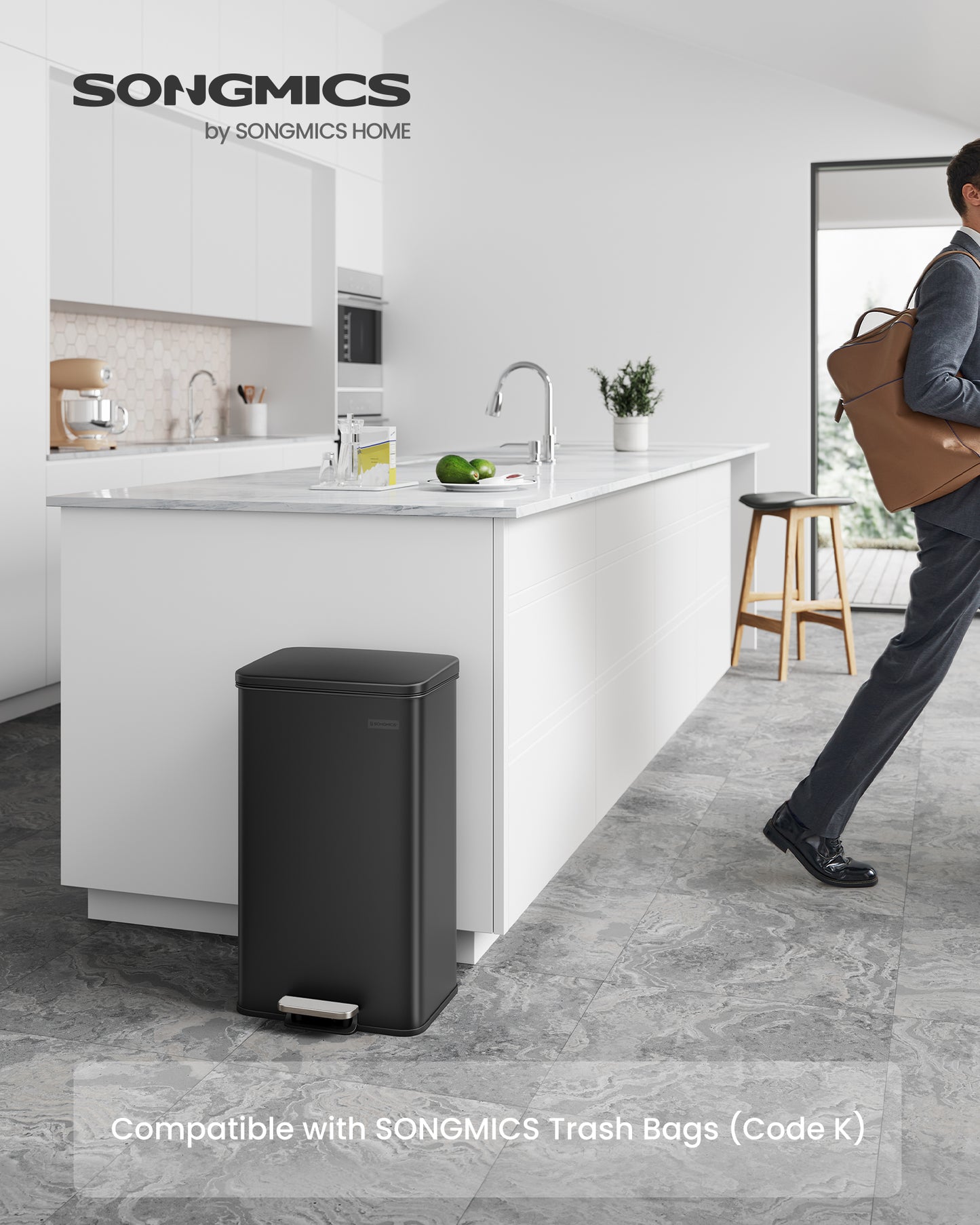Kitchen Trash Can, 10.5 Gallon (40 L) Garbage Can, Large Step Trash Bin with Lid, Stainless Steel, Soft Close, 15 Trash Bags Included, Black