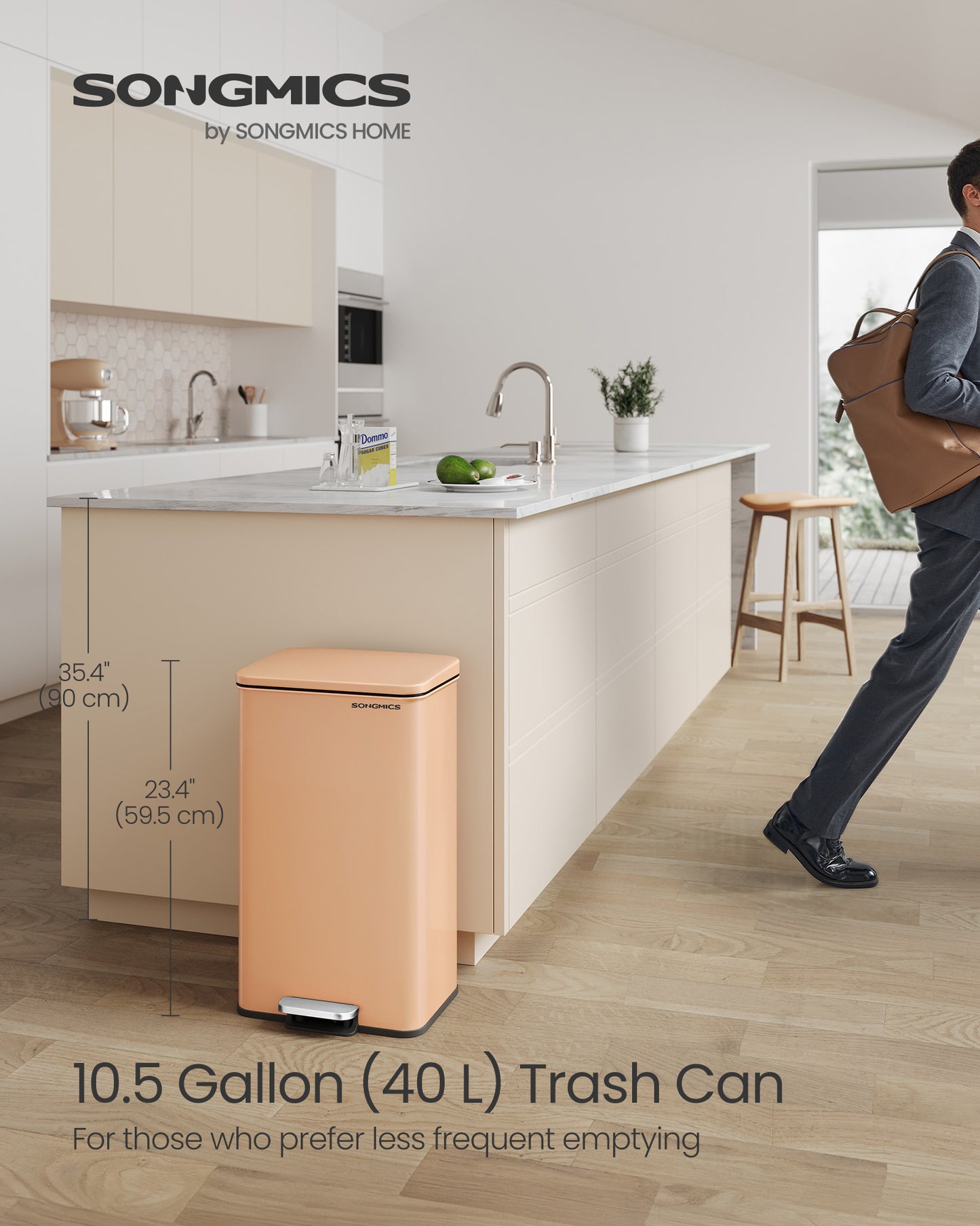 10.5 Gallon (40 L) Kitchen Trash Can, Garbage Can, Large Step Trash Bin with Lid, Stainless Steel, Soft Close, 15 Trash Bags Included, Peach Fuzz
