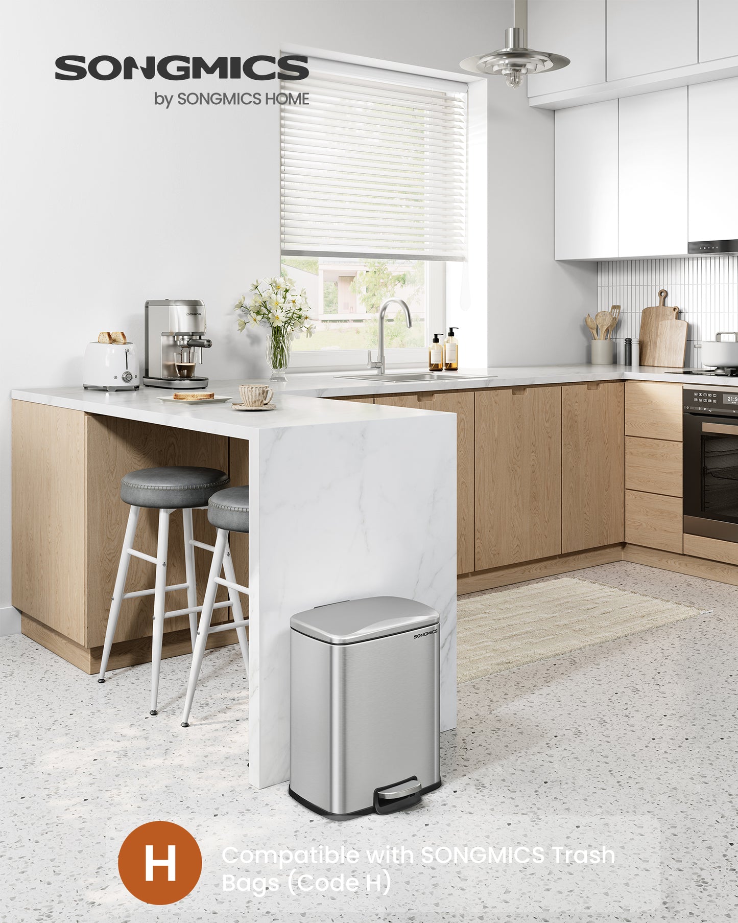 5.2-Gallon (20L) Trash Can, Garbage Can with Lid, Step Trash Bin for Kitchen, Stainless Steel, Soft Close and Stays Open, Inner Bucket, Includes 15 Trash Bags, Silver