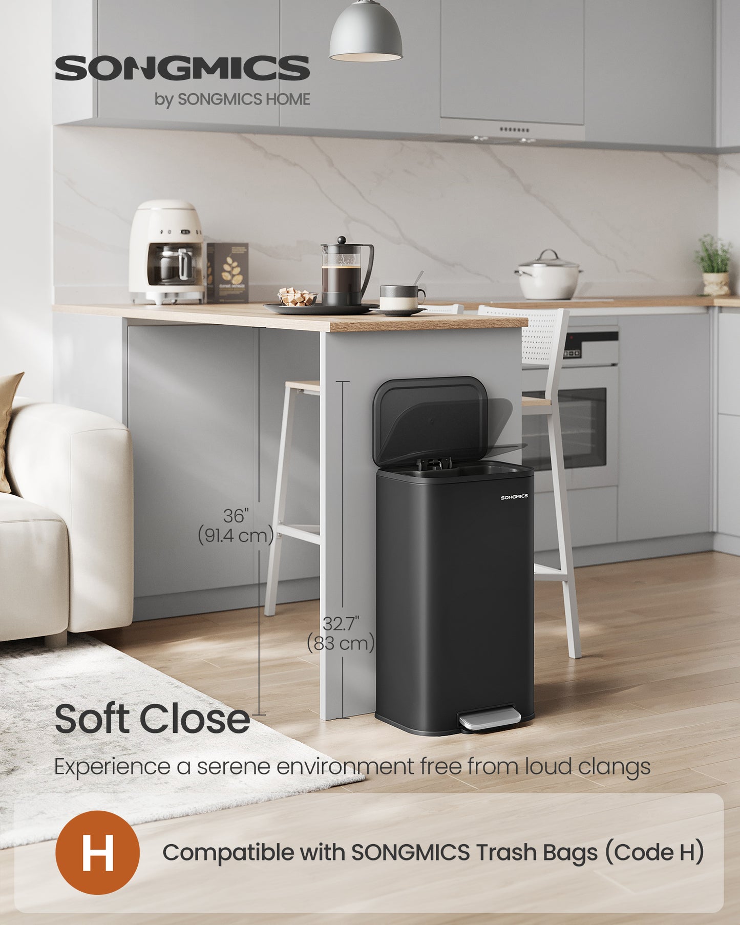 8-Gallon Stainless Steel Trash Can with Soft-Close Lid, Non-Slip Pedal & Inner Bucket, 30L Kitchen Waste Bin, Ink Black