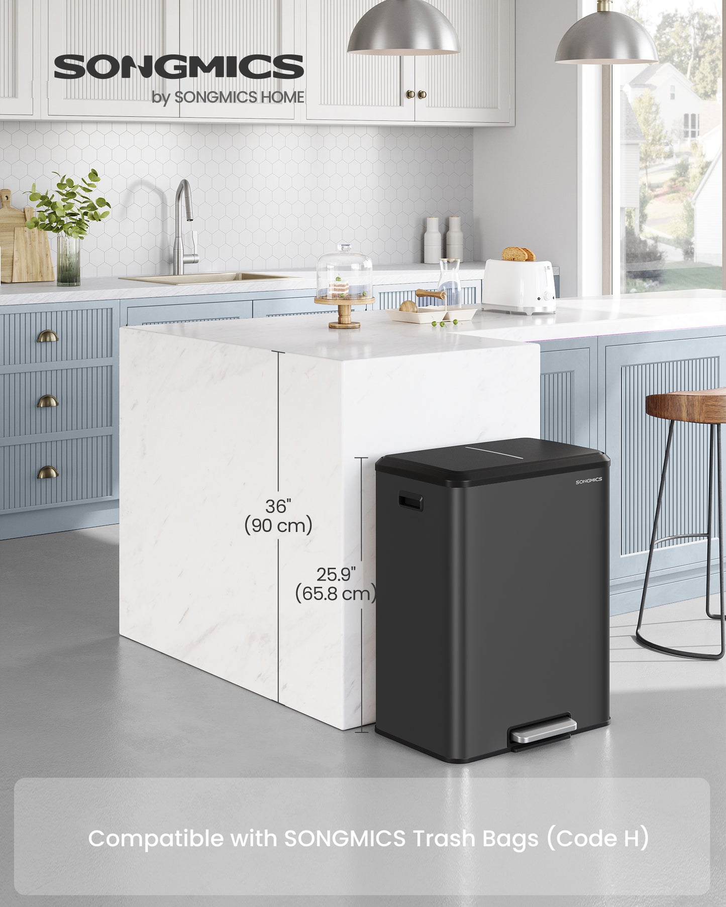 8 Gallon Double Trash Can, 2 x 30L Stainless Steel Recycling Bin with Soft-Close Lid & Removable Buckets, Dual Compartment Garbage Can for Kitchen, Ink Black