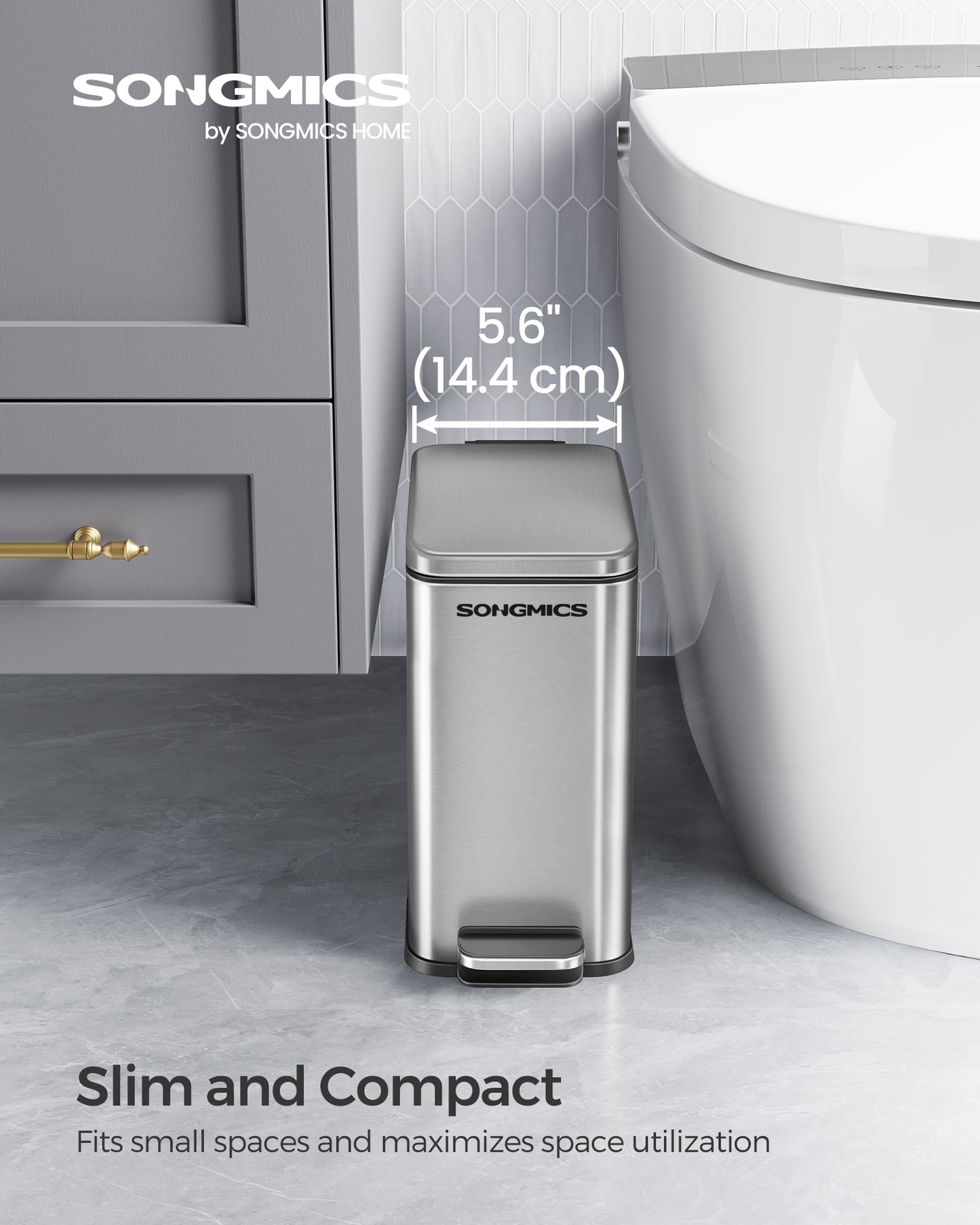 Bathroom Trash Can, 2.6 Gallon Small Trash Bin with Lid, Slim for Small Spaces, Stainless Steel Garbage Can, Soft Close