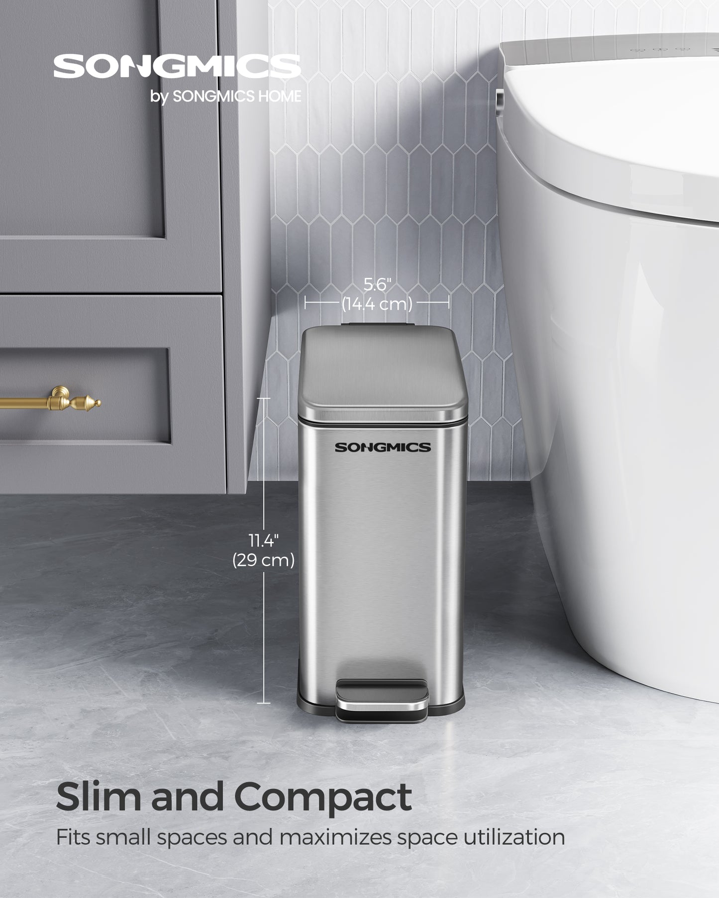 Bathroom Trash Can and Toilet Brush Set, 1.3 Gallon Small Trash Bin with Lid, Slim for Small Spaces, Stainless Steel Garbage Can, Soft Close