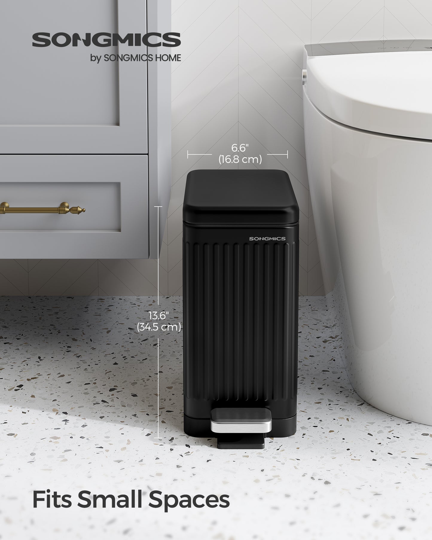 Bathroom Trash Can, 2.6-Gallon (10 L) Trash Bin with Lid, Slim for Small Spaces, Stainless Steel Garbage Can, Soft Close, Black