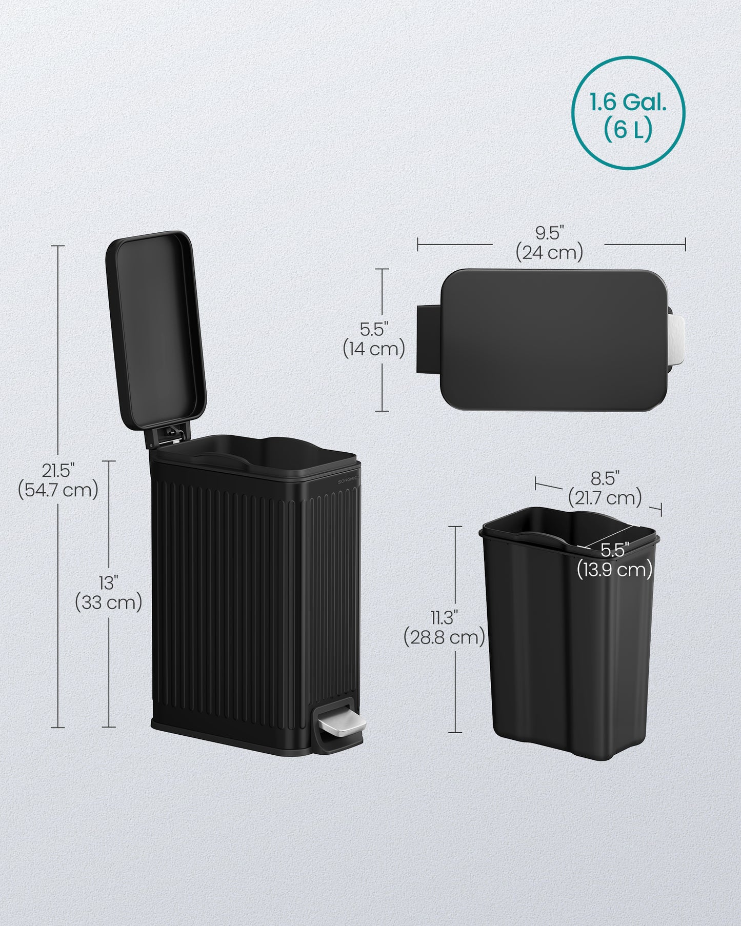1.6-Gallon Bathroom Trash Can - Slim Stainless Steel Bin with Soft-Close Lid & Foot Pedal, Space-Saving Design, Ink Black