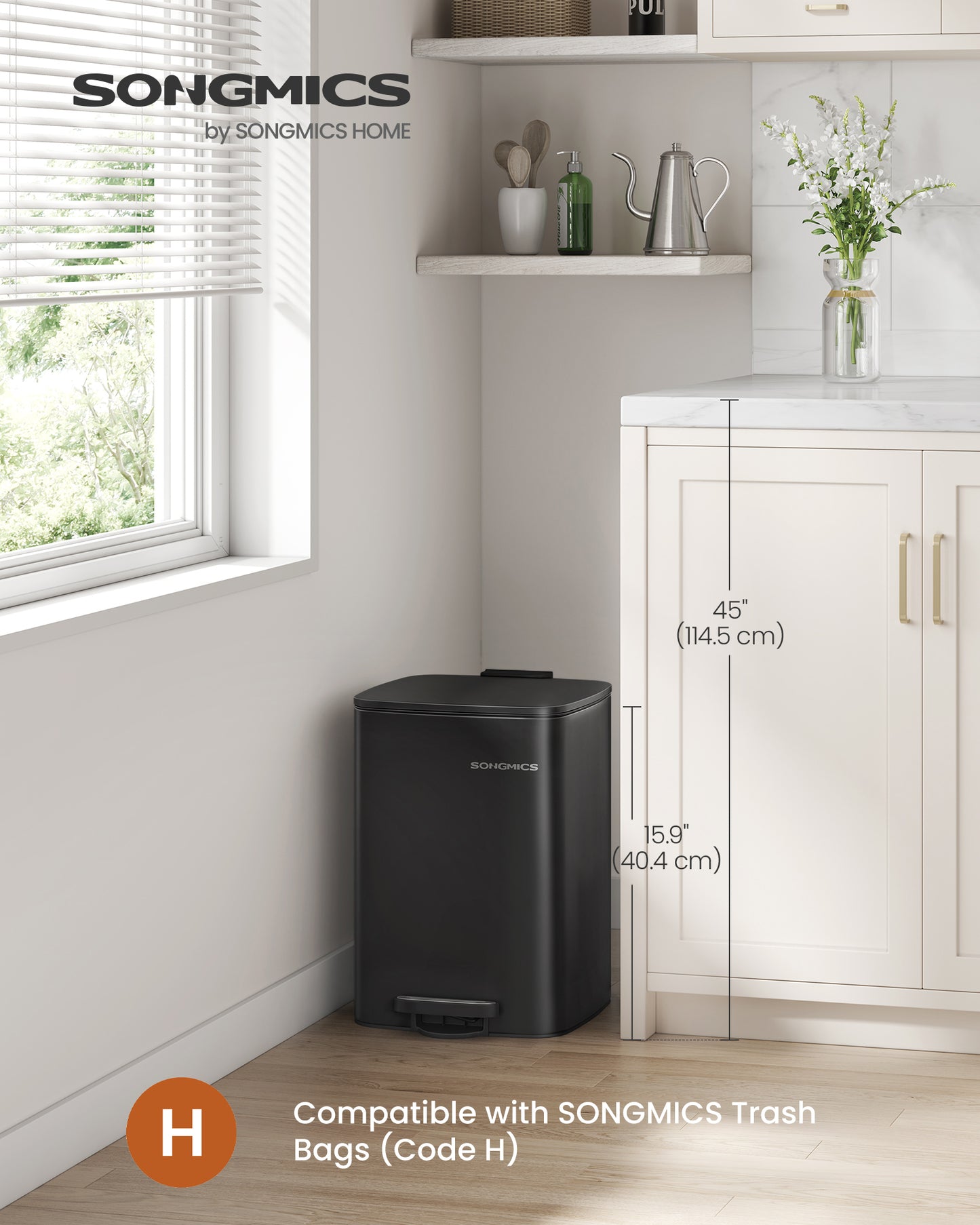 5.2-Gallon Trash Can, Trash Bin, Stainless Steel Kitchen Garbage Can, with Inner Bucket, Soft Close and Stays Open, Ink Black