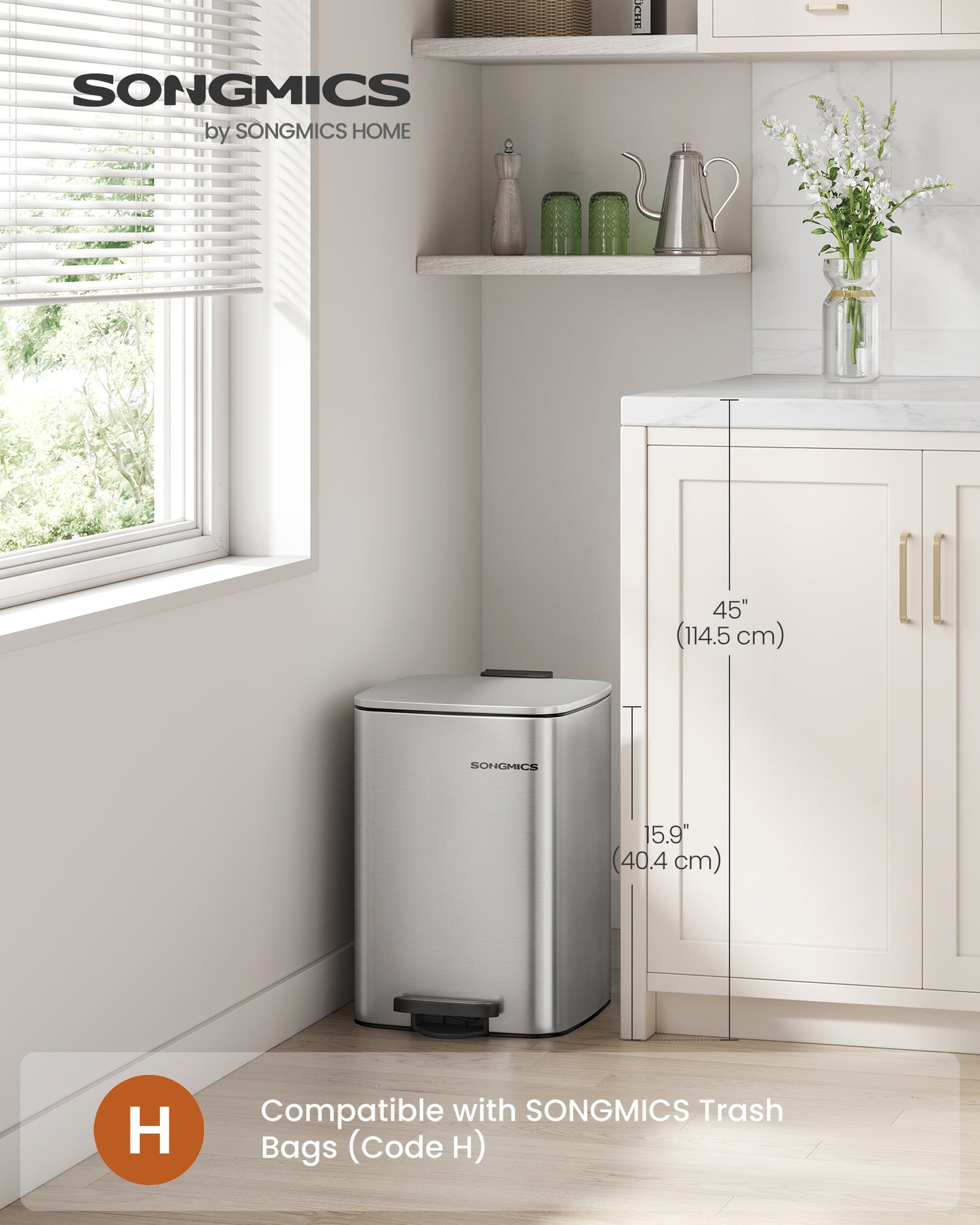 Kitchen Trash Can, 5.2-Gallon (20 L) Trash Bin, Stainless Steel Garbage Can, with Inner Bucket, Soft Close and Stays Open, Metallic Silver