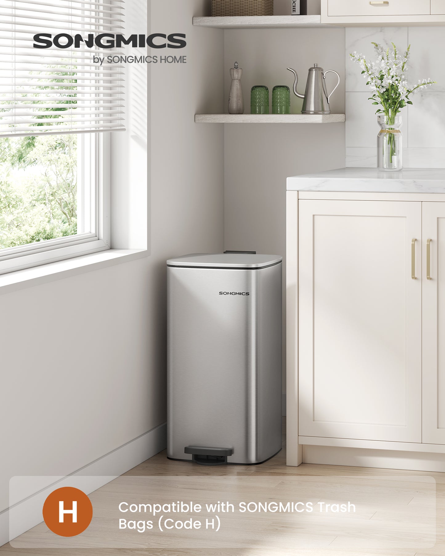 8-Gallon (30 L) Kitchen Trash Can, Trash Bin, Stainless Steel Garbage Can, with Inner Bucket, Soft Close and Stays Open, Metallic Silver