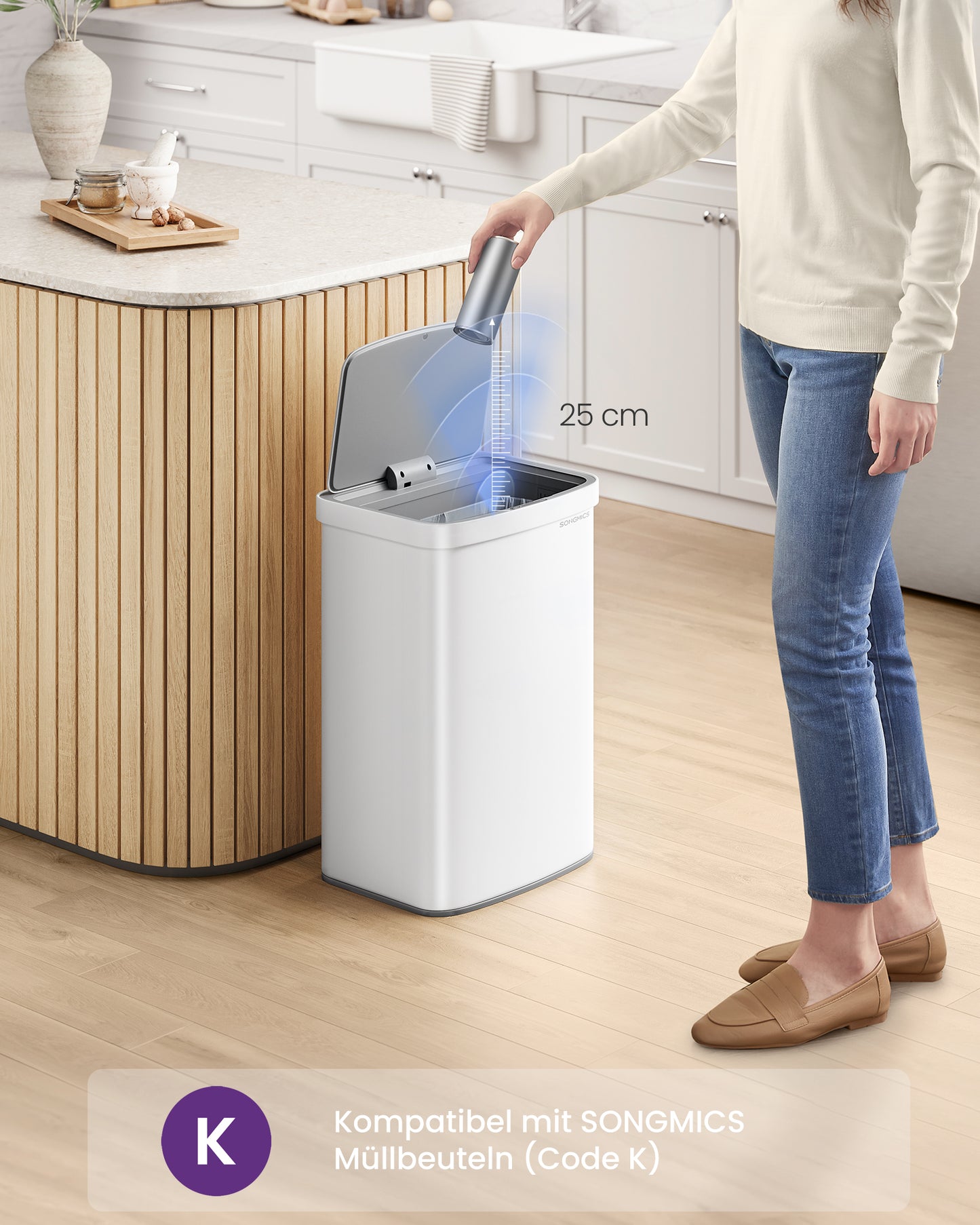 13-Gallon Motion Sensor Trash Can, Stainless Steel, Carbon Filters, Soft Close, White