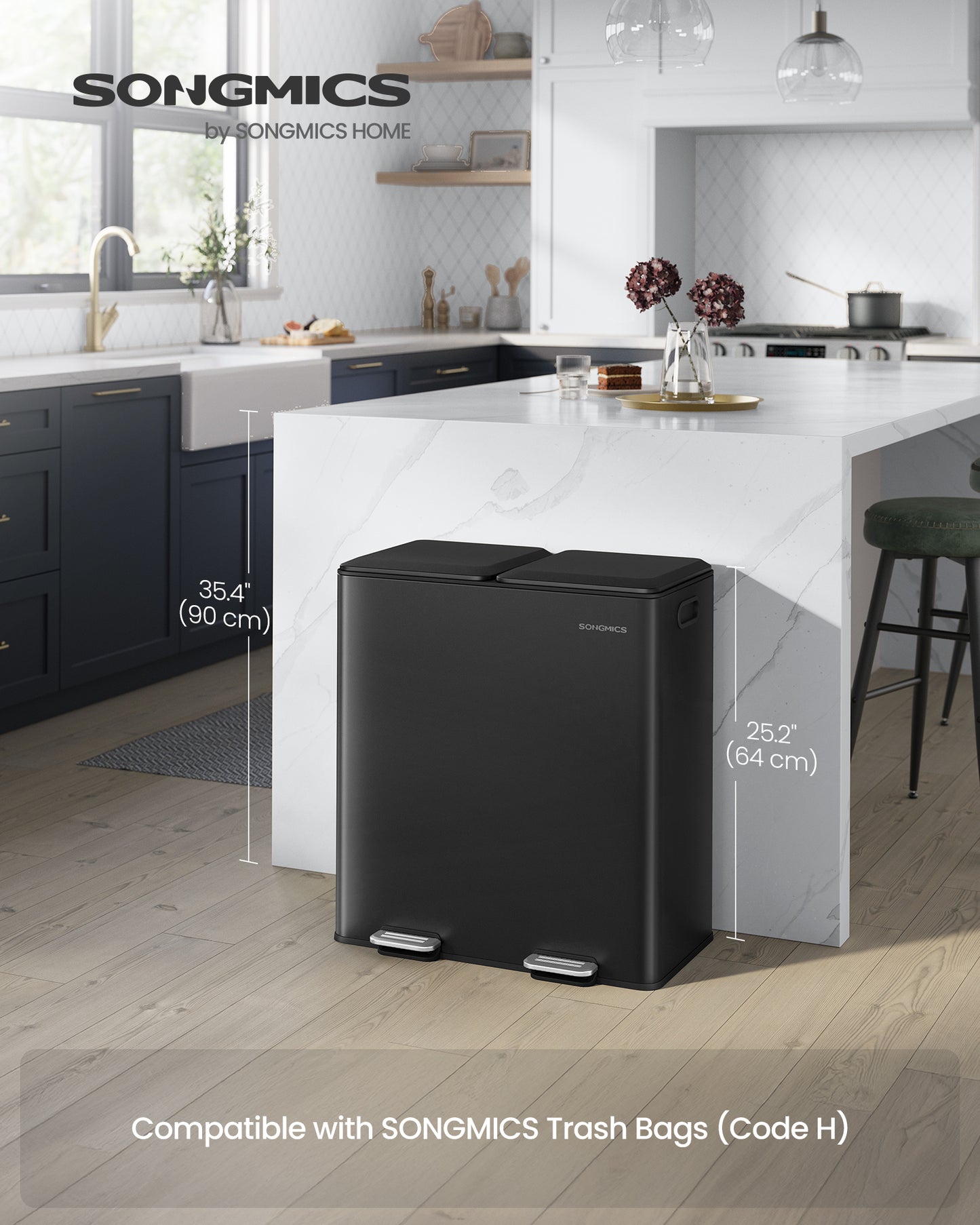 8-Gallon Dual Compartment Trash Can - Stainless Steel with Odor Control, Soft-Close Lids & Pedals, Ink Black