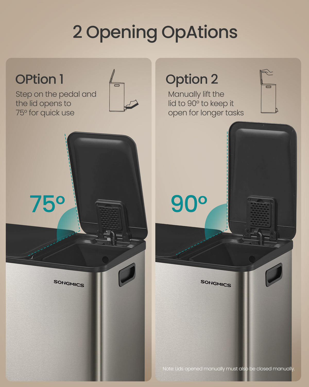SONGMICS Trash Can, 13.2 + 5.3 Gallon (50 + 20 L) Dual-Compartment Garbage Can with Soft-Close Lid, Pedal and Inner Buckets, PP Plastic, ABS Plastic, Stainless Steel, PE Plastic, Includes 15 Liner Bags, Silver