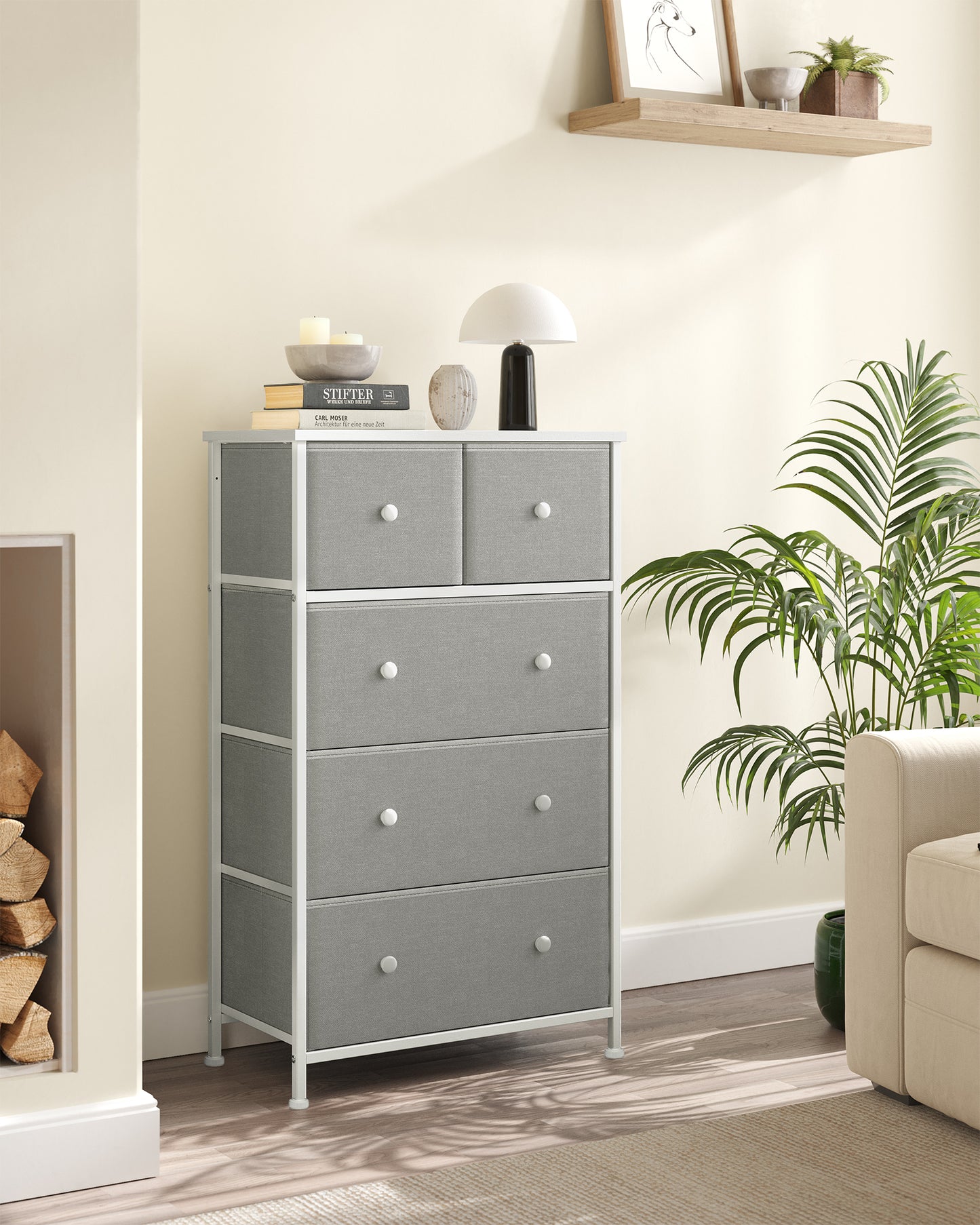 Drawer Dresser, Storage Dresser Tower with 5 Fabric Drawers, Dresser Unit, Hallway