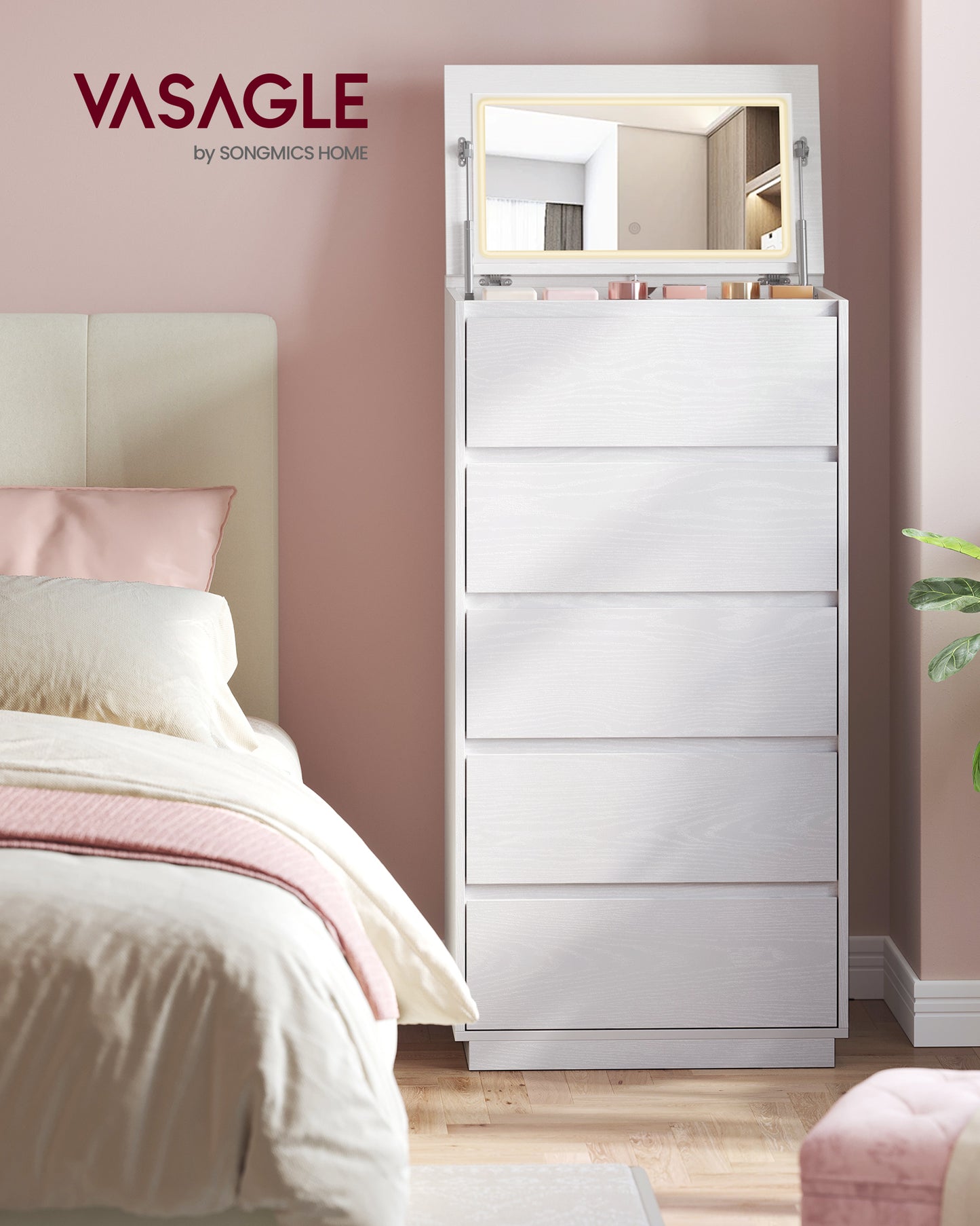 5-Drawer Dresser with Vanity Mirror and Touch Control Adjustable Lights, Modern Chest of Drawers for Bedroom, Sturdy Storage Furniture, Snow White