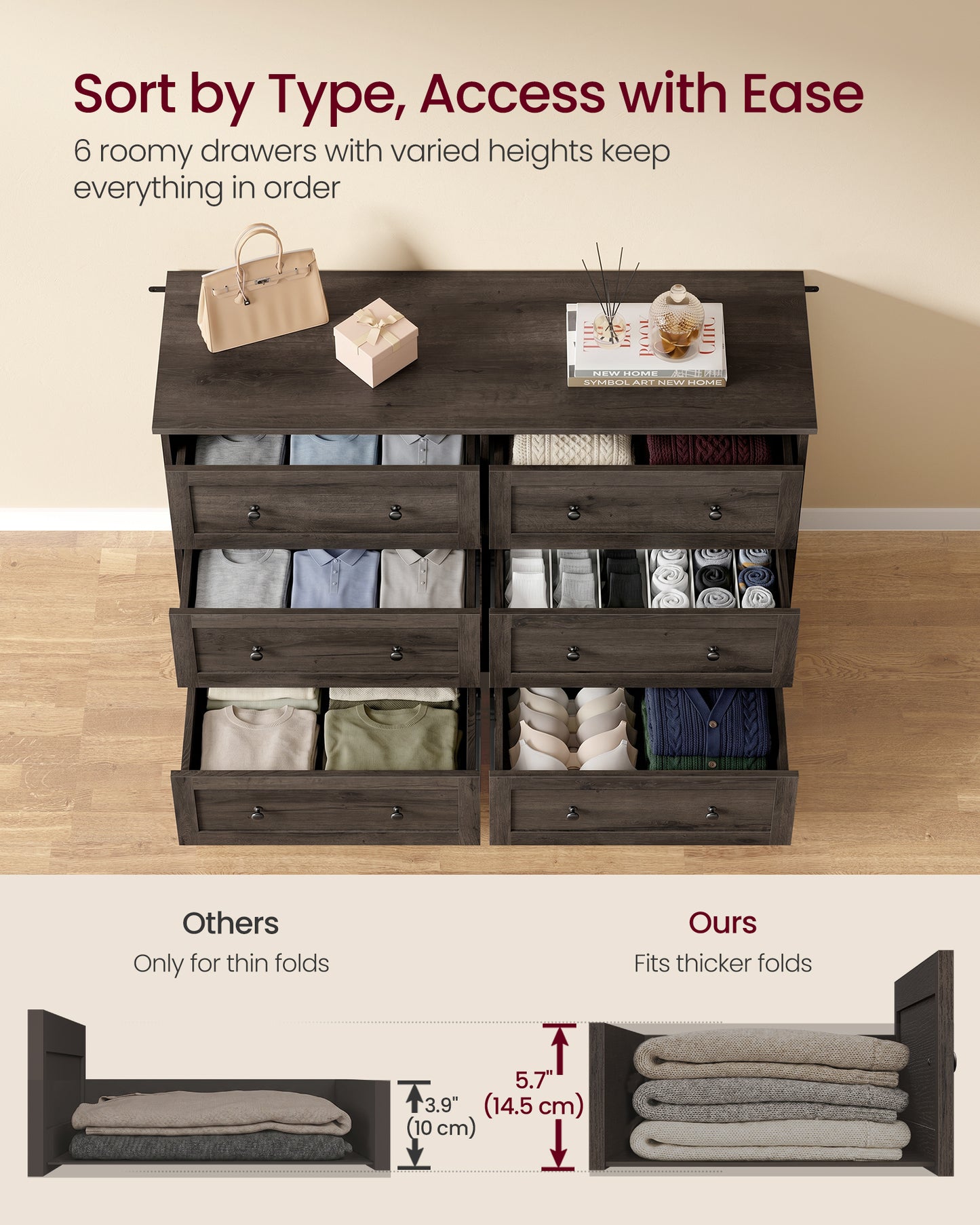VASAGLE 6-Drawer Dresser, Engineered Wood Chest of Drawers, Large Capacity Storage Cabinet, 47.2 x 15.7 x 30.7 in, Taupe Brown, Siren Collection