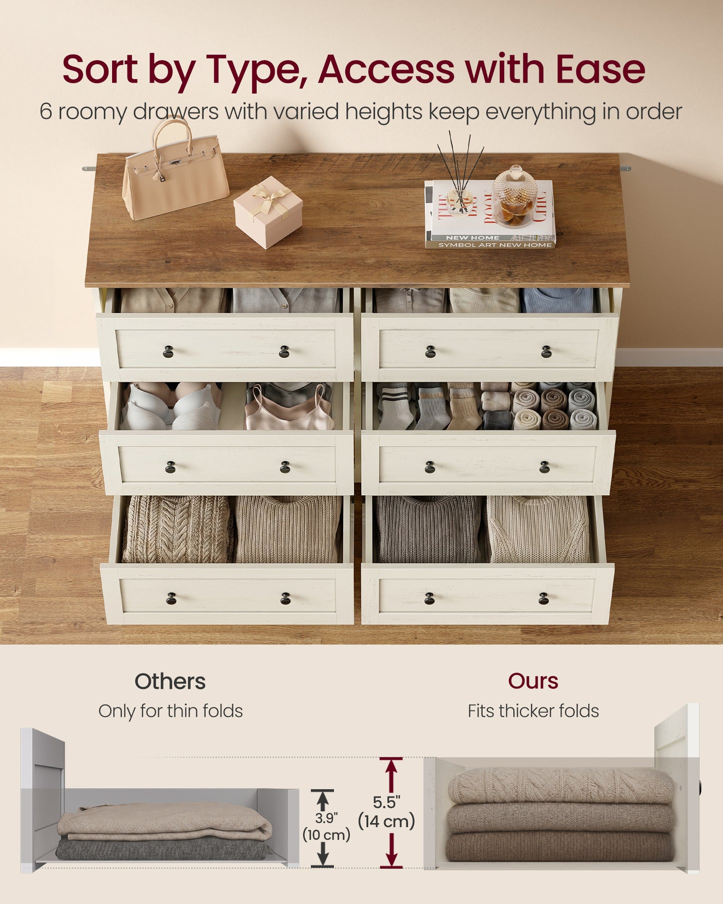 VASAGLE 6-Drawer Dresser, Engineered Wood Chest of Drawers, Large Capacity, 47.2 x 15.7 x 30.7 in, Rustic White and Honey Brown, Siren Collection