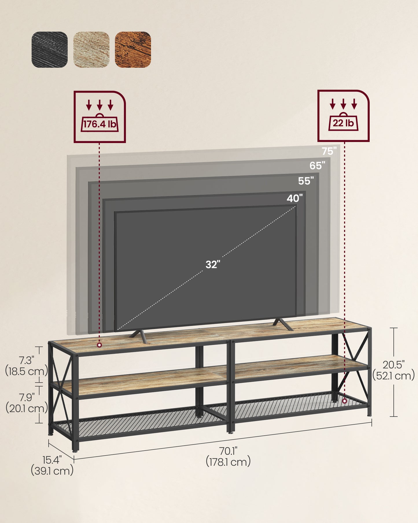 TV Stand, TV Console for TVs Up to 75 Inches, TV Table, 70.1 Inches Width, TV Cabinet with Storage Shelves, Steel Frame, for Living Room, Bedroom, Turquoise Brown and Black