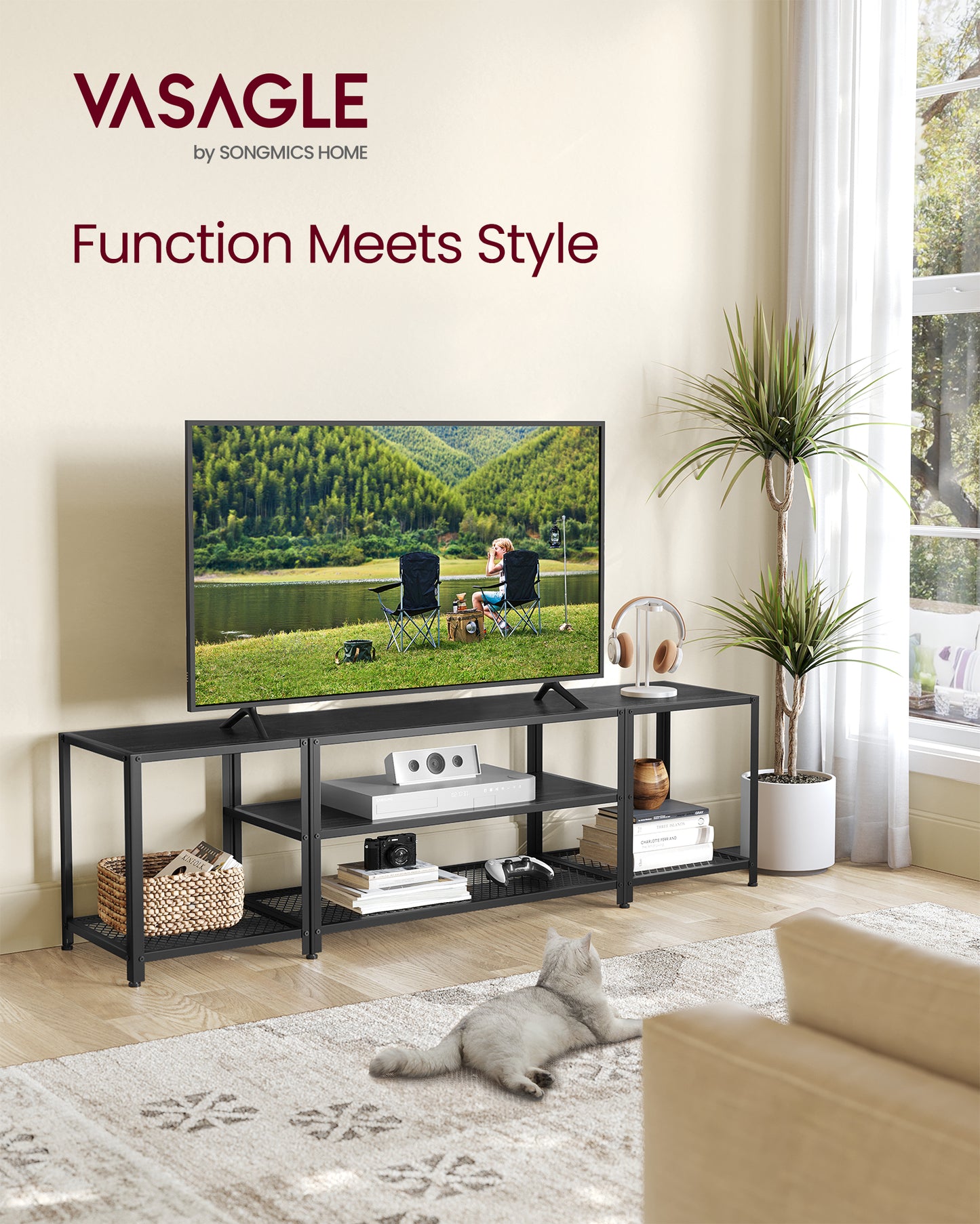 Modern TV Stand for TVs up to 75 Inches, 3-Tier Entertainment Center, Industrial TV Console Table with Open Storage Shelves, for Living Room, Bedroom, Black with Wood Grain
