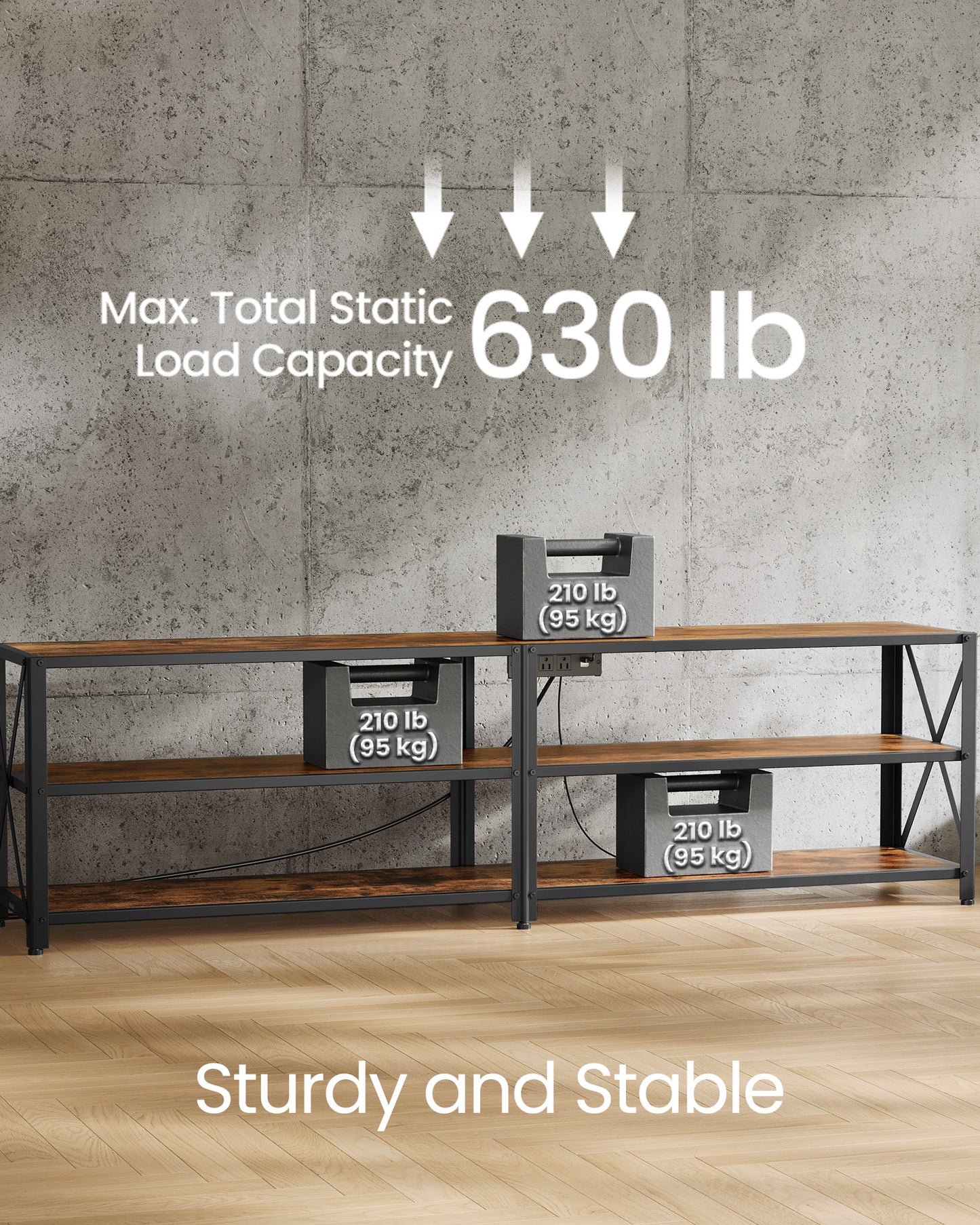 TV Stand with Power Outlets and LED Lights, for TVs up to 75 Inches, Entertainment Center with Open Storage Shelves, TV Console Table for Living Room, Rustic Brown and Ink Black