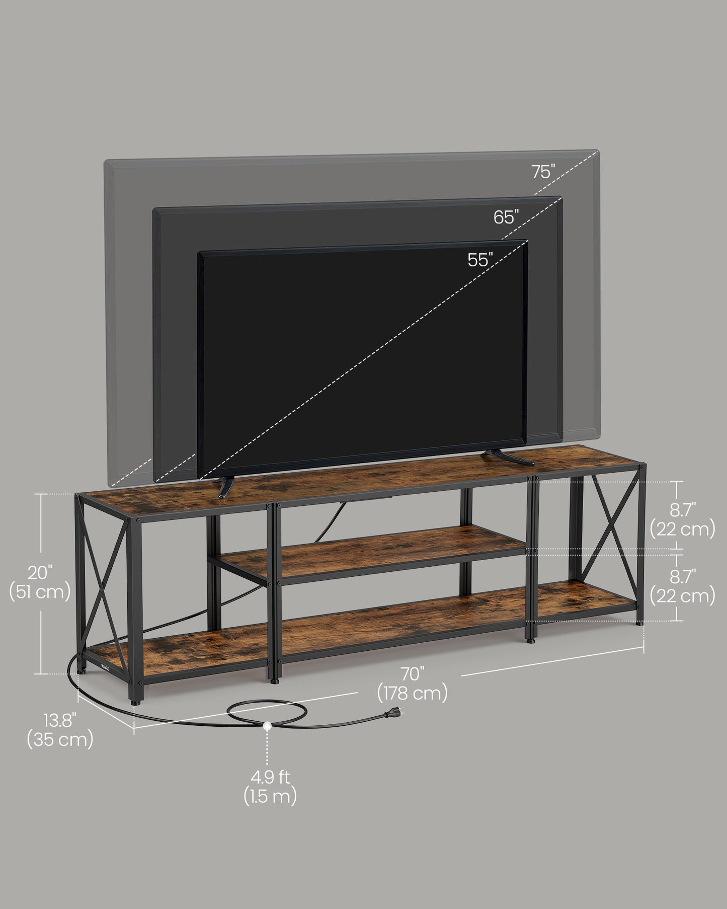 TV Stand With Power Outlets and LED Lights, for TVs up to 75 Inches, Entertainment Center With Open Storage Shelves, Console Table for Living Room, Rustic Brown and Ink Black
