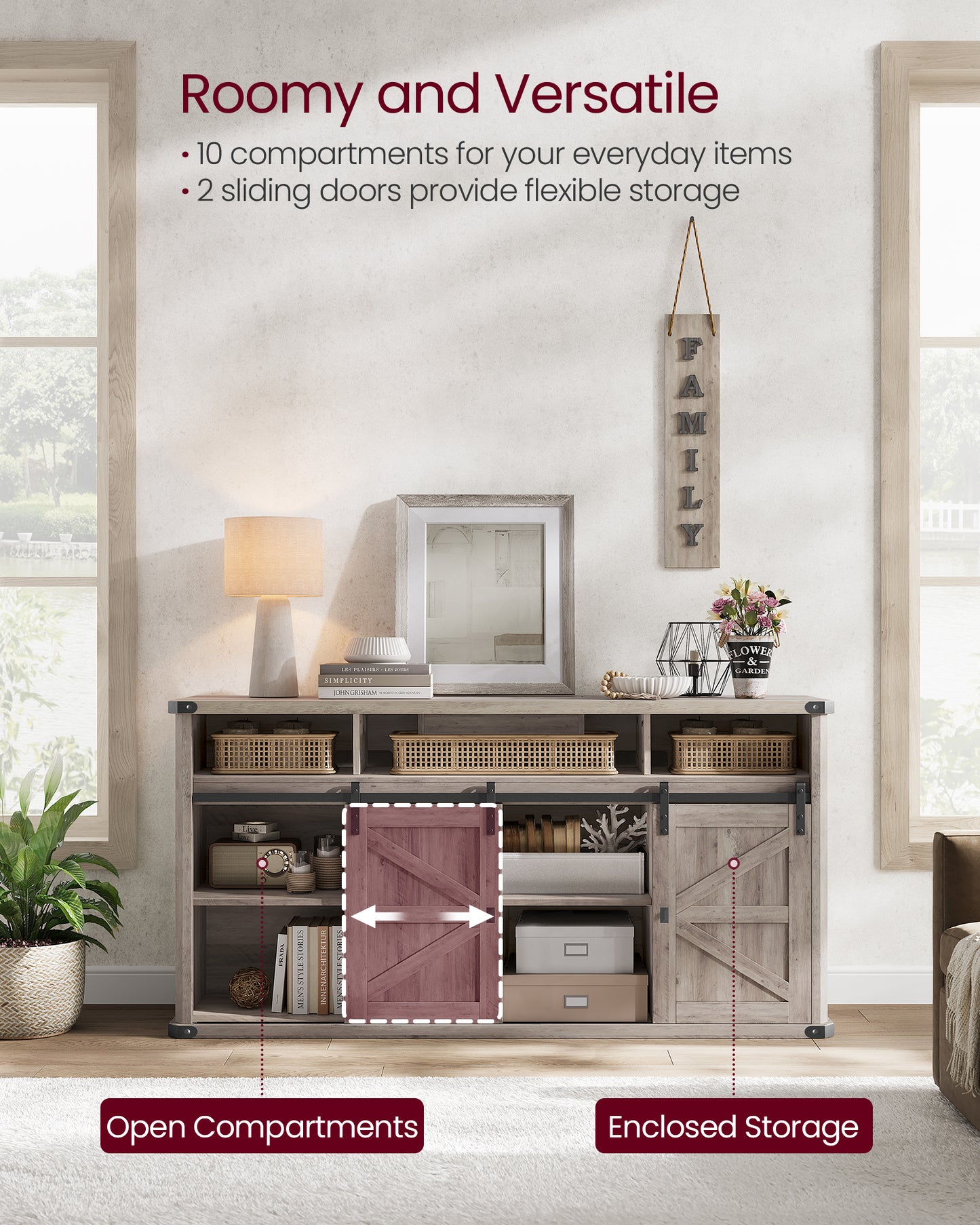 TV Stand for TVs up to 65 Inches, Farmhouse Entertainment Center with Sliding Barn Doors, TV Console Table for Living Room, Heather Greige