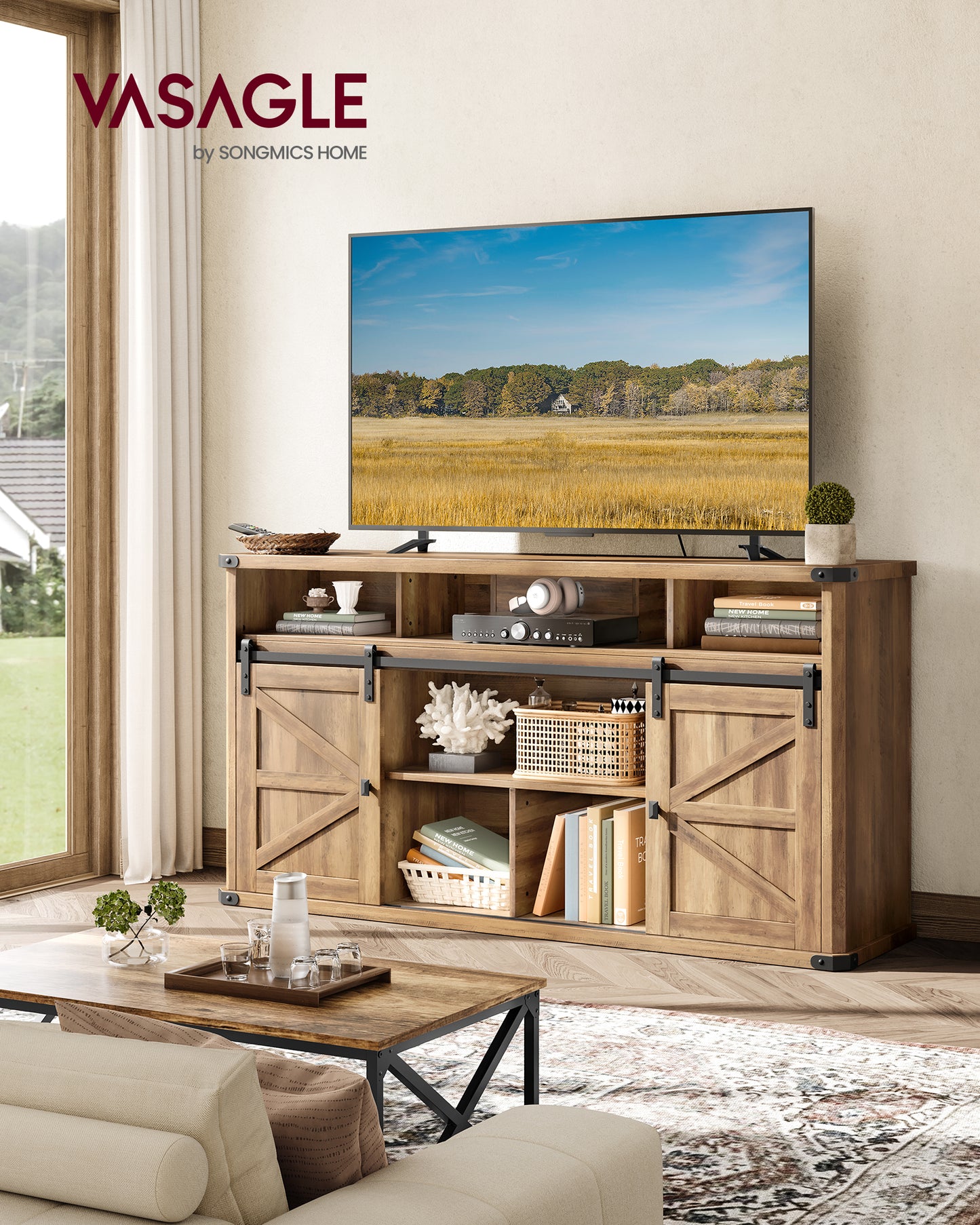 VASAGLE TV Stand for TVs up to 65 Inches, Farmhouse Entertainment Center with Sliding Barn Doors, TV Console Table Honey Brown