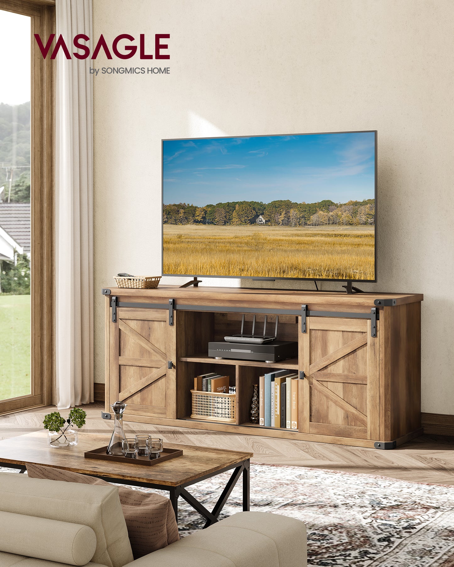 VASAGLE TV Stand for TVs up to 65 Inches, Farmhouse Entertainment Center with Sliding Barn Doors, TV Console Table Honey Brown