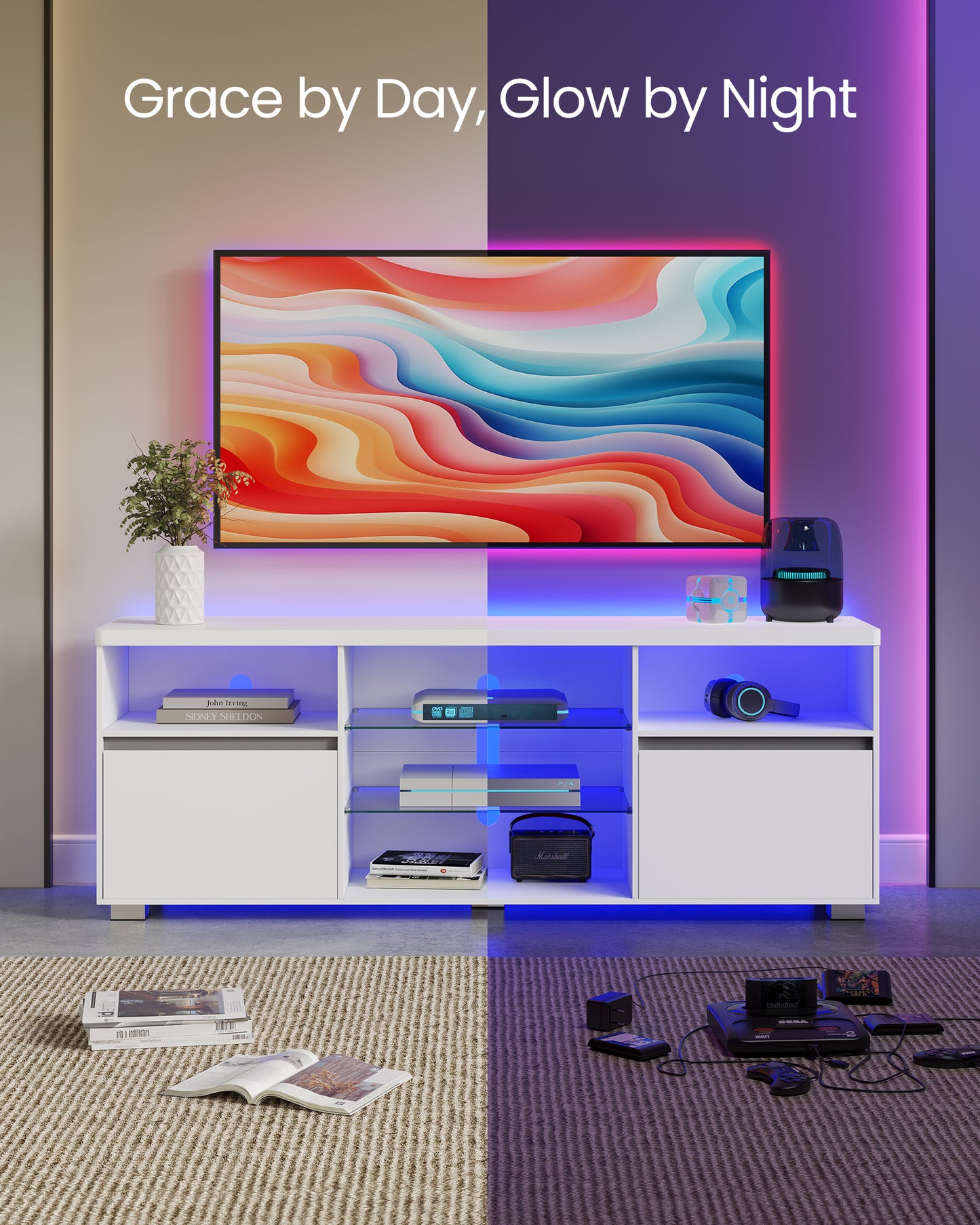 63-Inch Modern TV Stand with LED Lighting & Glass Shelves, 2 Storage Cabinets for 70-Inch TVs, Entertainment Center, White