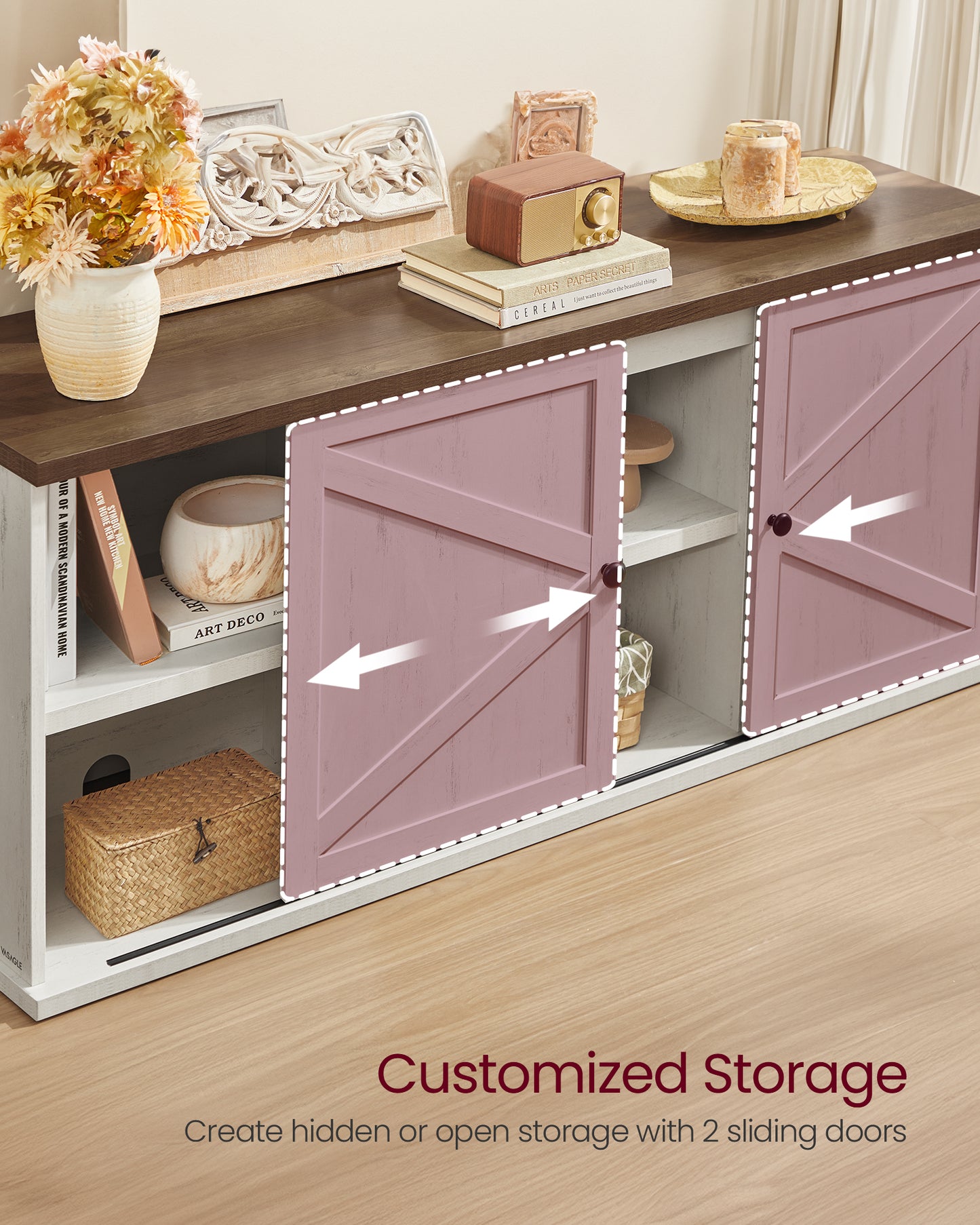 Farmhouse TV Stand for 65-Inch TVs, Entertainment Center with Sliding Barn Doors and 4 Storage Compartments, Rustic White and Brown